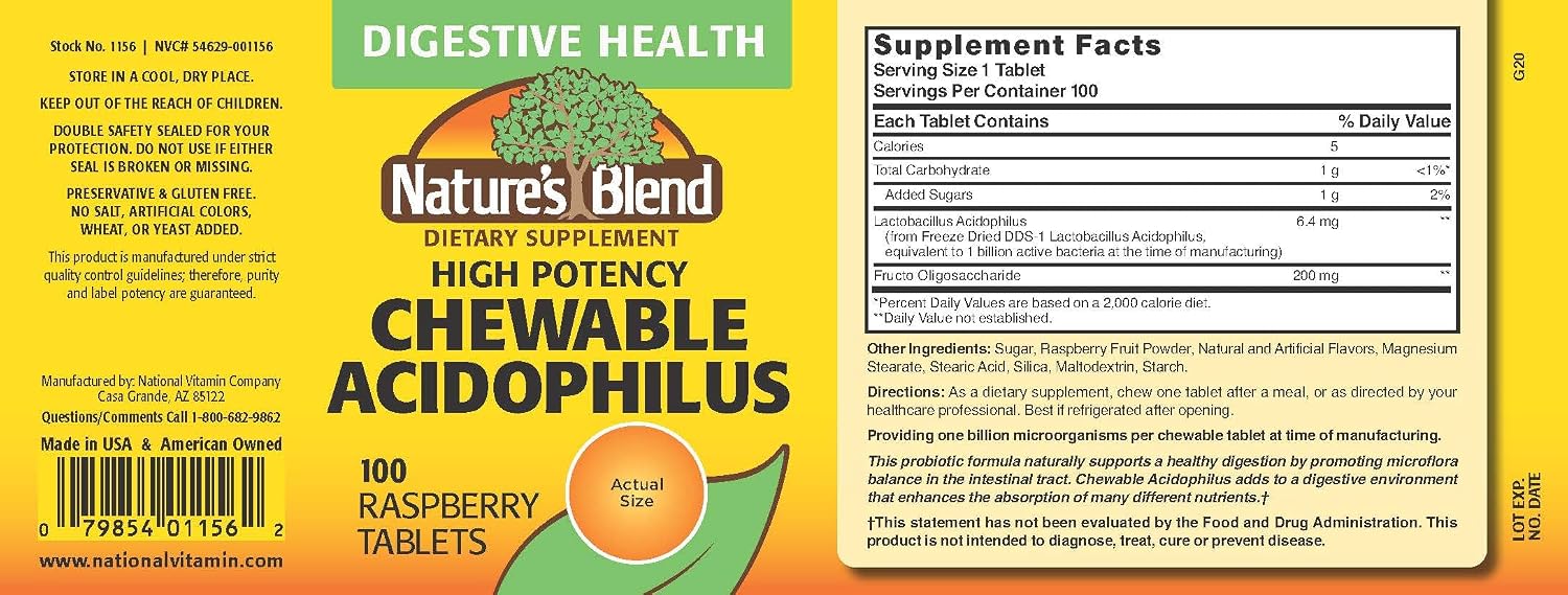 Nature's Blend Acidophilus Probiotic Supplement - 100 High Potency Capsules - Digestive Health, Gut Flora Balance