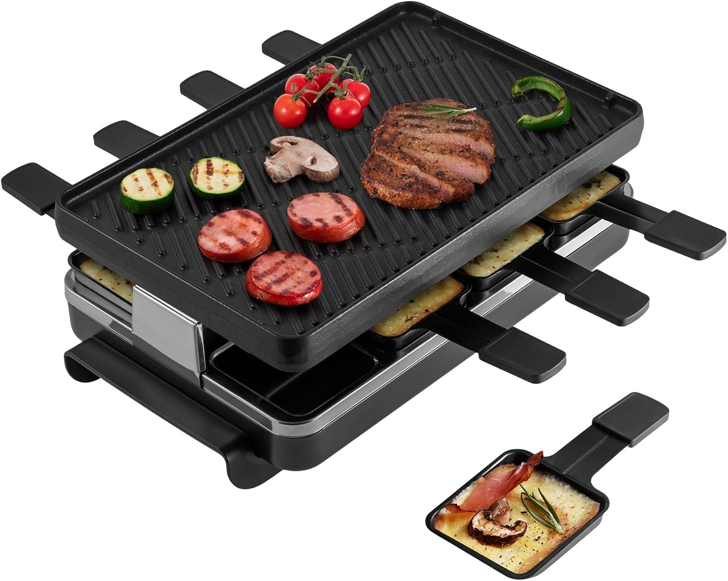 Swissmar Classic 8-Person Raclette Party Grill - Indoor Electric Grill & Griller with Reversible Cast Iron Grill Plate/Crepe Top - Anthracite Black