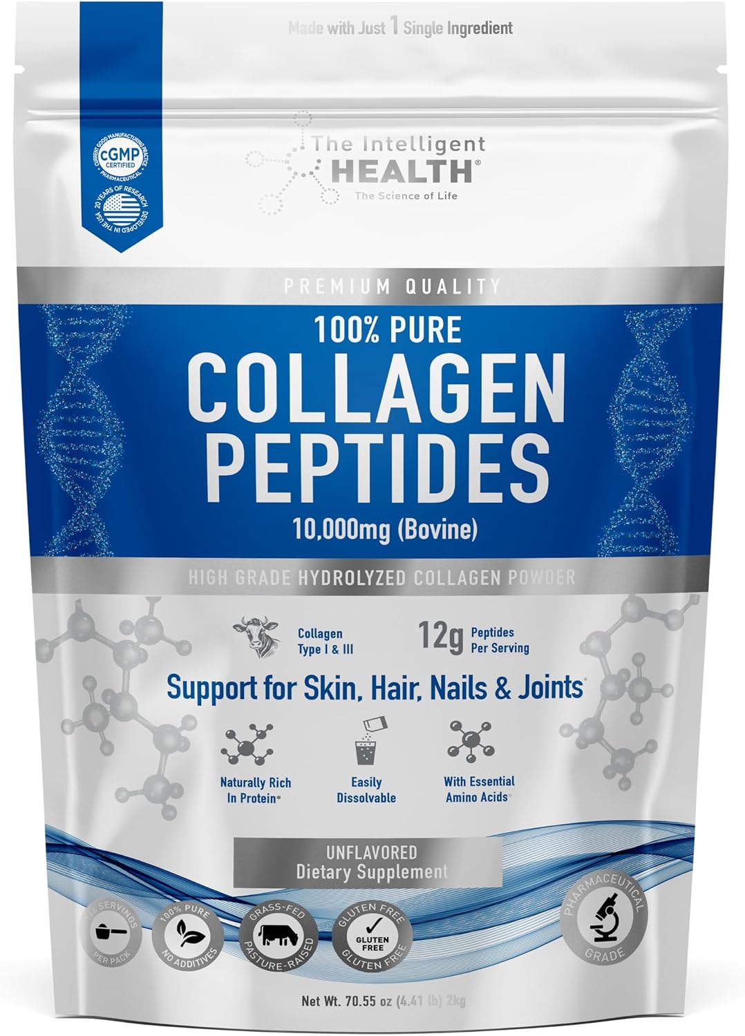 Collagen Peptides Powder, Hydrolyzed Collagen, Type I & III, 45 Servings | Grass Fed, Unflavored, Gluten Free, Keto/Paleo, Skin Support, Hair, Nail, Joints, 10g Servings, 15.9 Oz