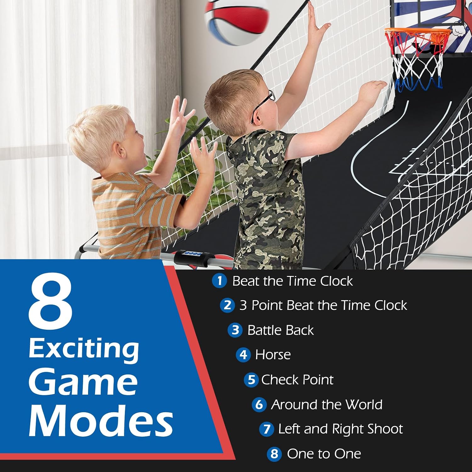 GYMAX Arcade Basketball Game Indoor Foldable with 8 Game Modes, Arcade Sound, 4 Balls and Inflation Pump, Electronic Basketball Games for All Ages Home