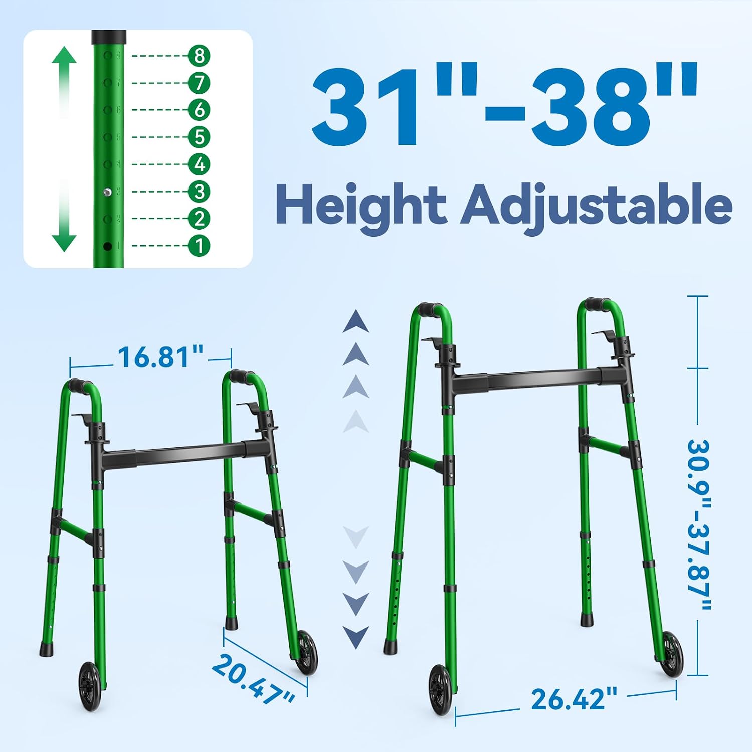 Loyoda Folding Walker with Basket and Glide Skis, 5" Wheels, Lightweight | Standard Walker for Seniors and Adults, Offers 8 Height Adjustments (31"-38"), Supports up to 350 lbs