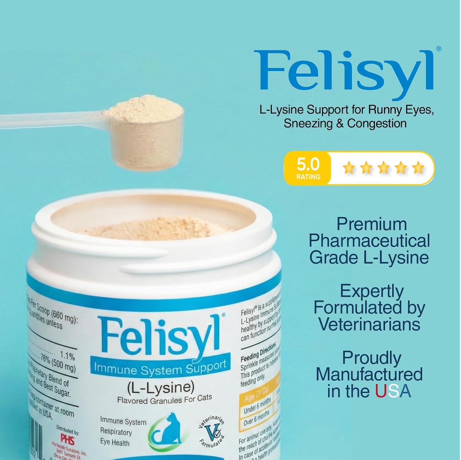 Felisyl L-Lysine Granules for Cats 100g (3.5 oz, 310 Servings) – Supports Immune, Respiratory, and Eye Health. Eases Sneezing, Runny Nose