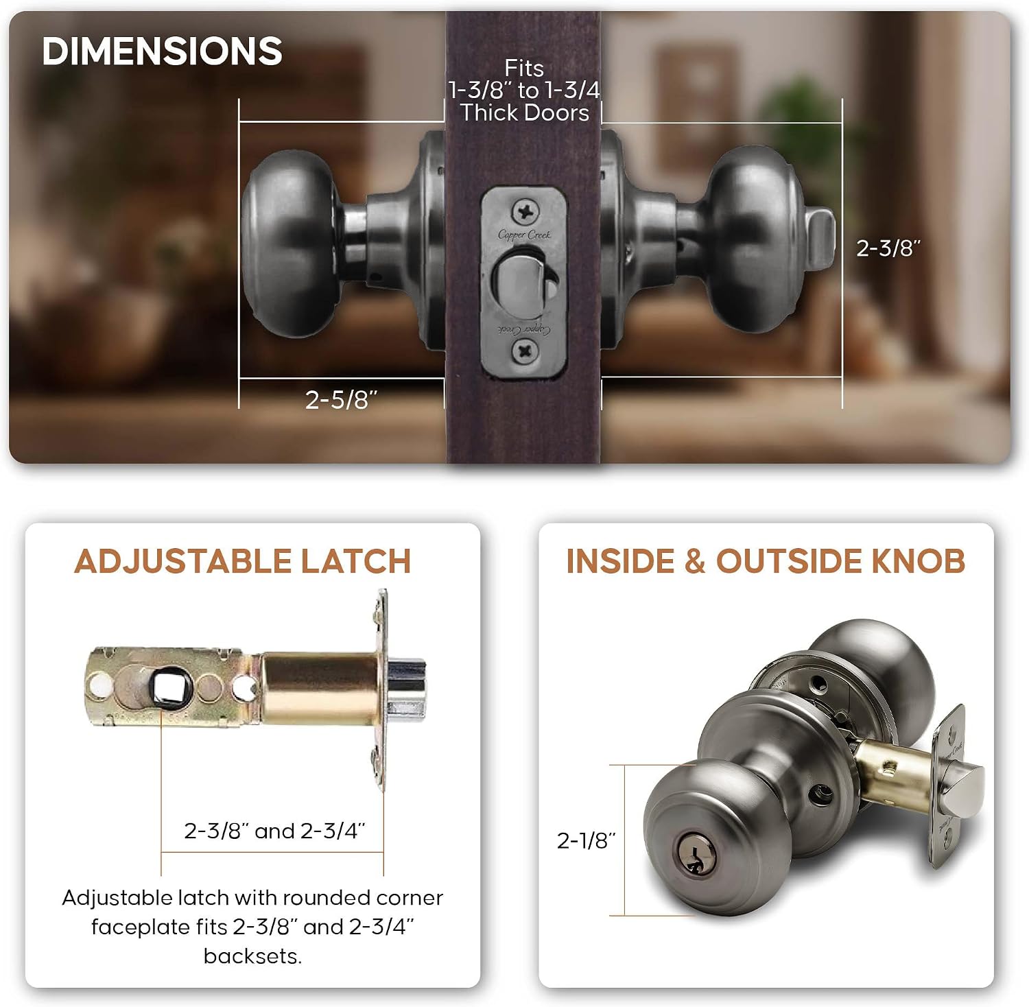 Copper Creek Colonial Privacy Interior Door Knob – ANSI Grade-3 Certified, Modern Heavy Duty Handle, Easy Install and Reversible for Bedroom, Bathroom and Closets – Satin Stainless (1 Pack)