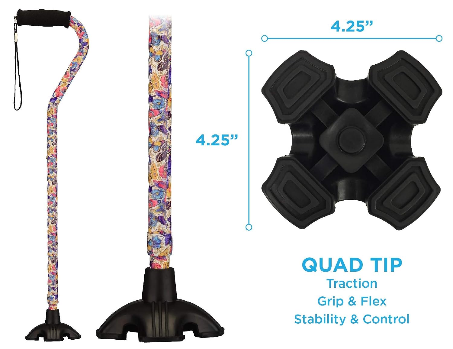 Nova Joy Designer Offset Quad Cane for Seniors - Unisex Adjustable Lightweight Walking Aid with Foam Handle, Wrist Strap and Anti-Rattle Lock - Essential Mobility Support - Maui Flowers
