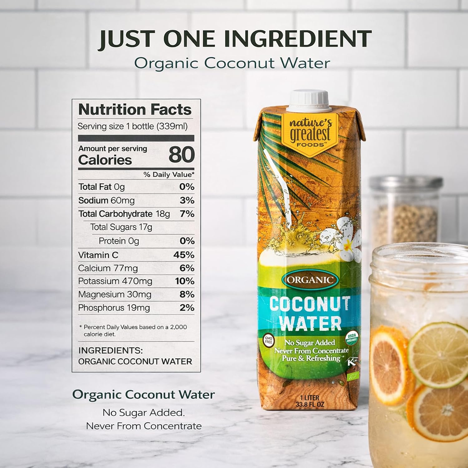 Nature's Greatest Foods Organic Coconut Water, Electrolytes 33.8 Fl Oz, 6Pk