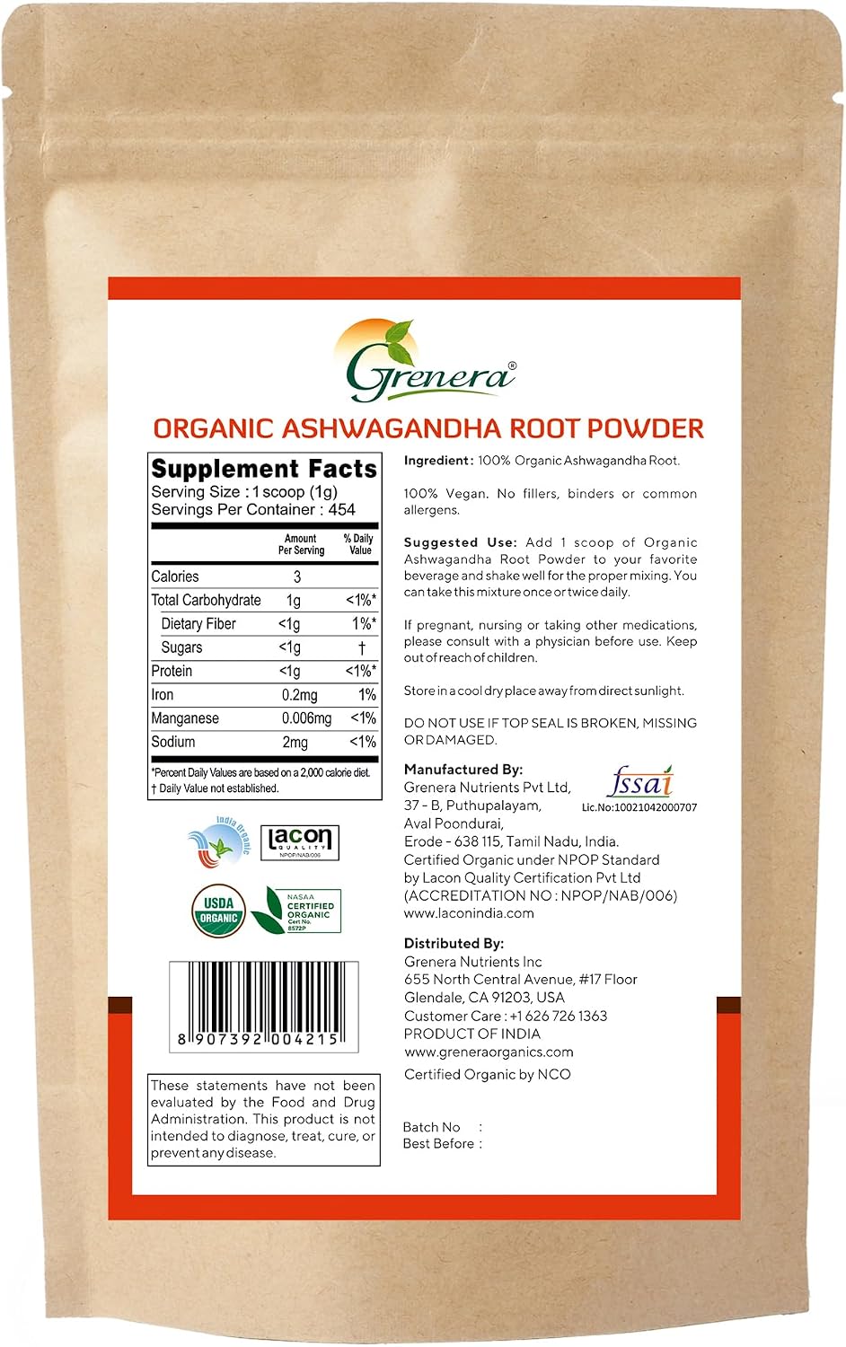 Grenera Organic Ashwagandha Root Powder | 2.2 lbs (1 kg) | USDA Organic, Vegan, Kosher Certified | Non-GMO, Gluten Free | Ashwagandha Powder for Smoothies, Drinks, Recipes | Lab Tested