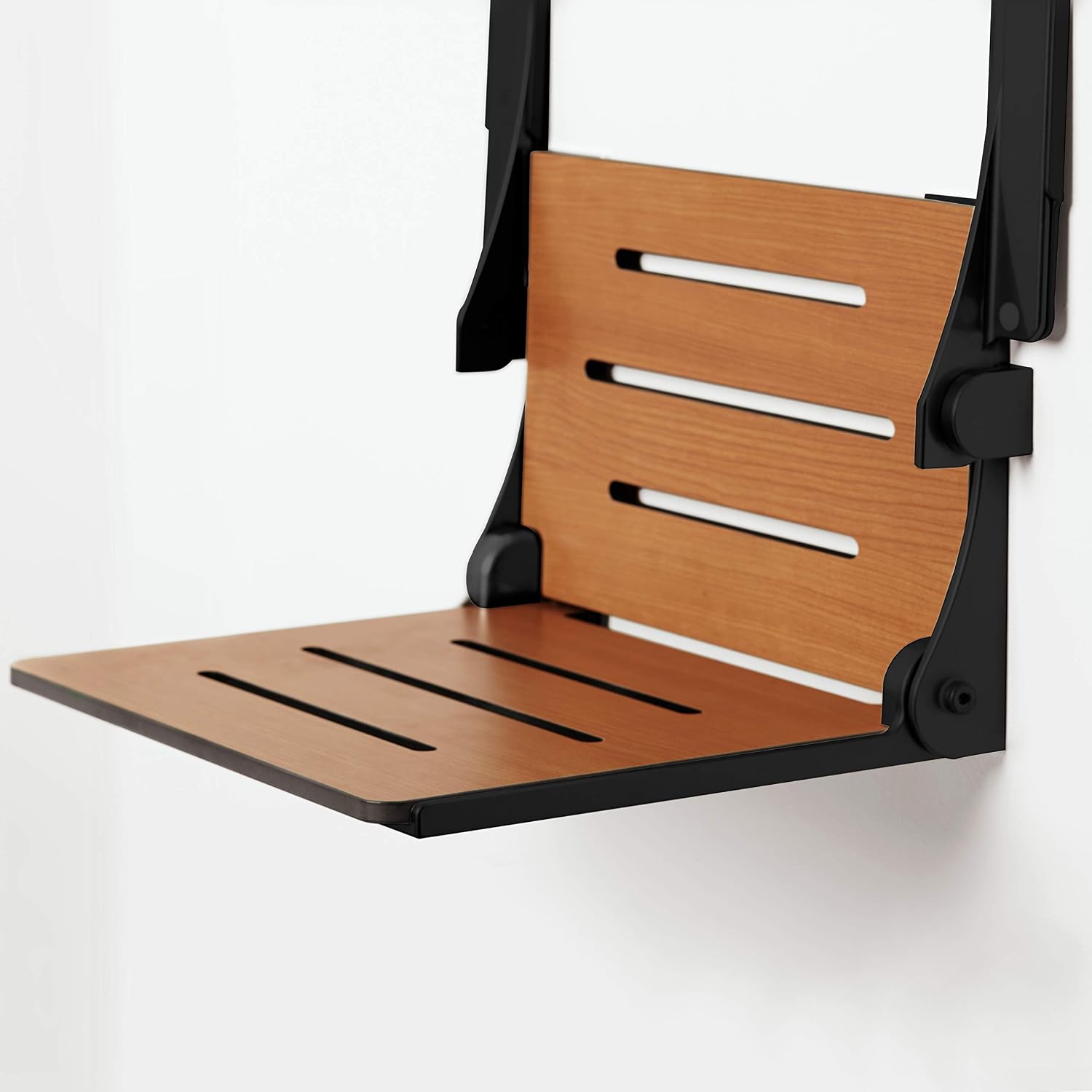 Seachrome Silhouette Comfort Folding Wall Mount Shower Bench Seat with Arms, Teak Seat with Silver Frame