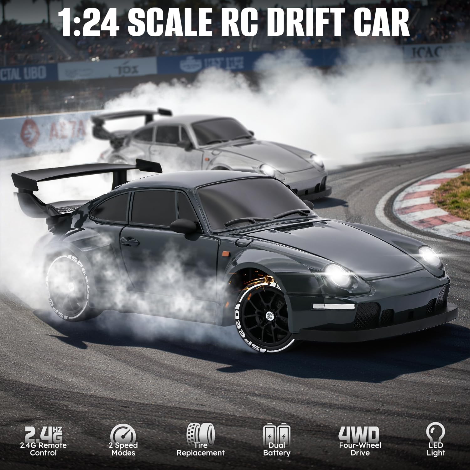 RC Drift Car,1:24 Scale Remote Control Car, 2.4GHz 20KM/H 4WD High Speed RC Cars for Kids with LED Light, Two Batteries,Drifting Tires,Racing Vehicle Toy for Adults Boys Girls Gray