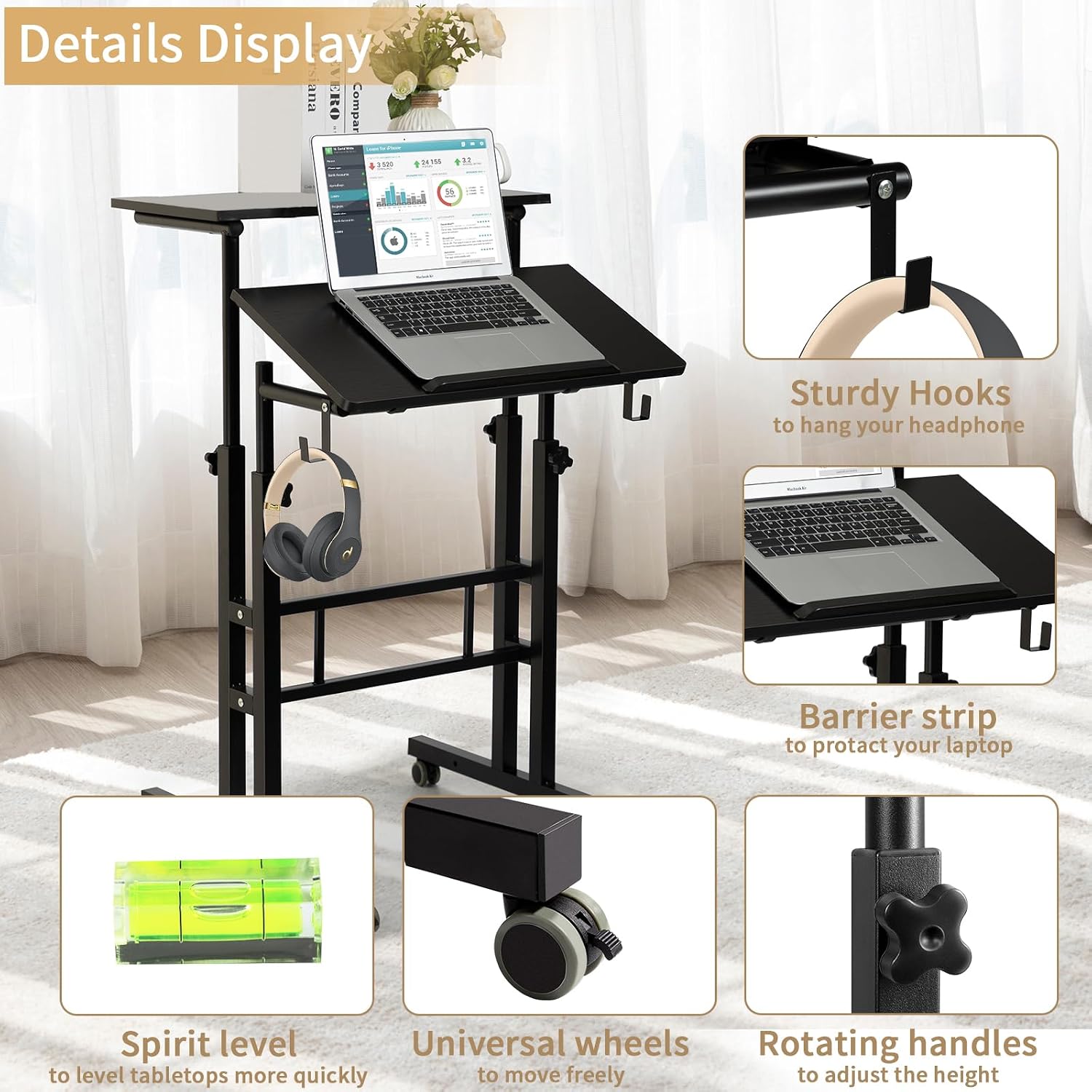 SIDUCAL Mobile Standing Desk, Portable Stand Up, Small Adjustable Converter with Wheels Home Office Workstation, Rolling Desk Laptop Cart for Standing or Sitting, Black