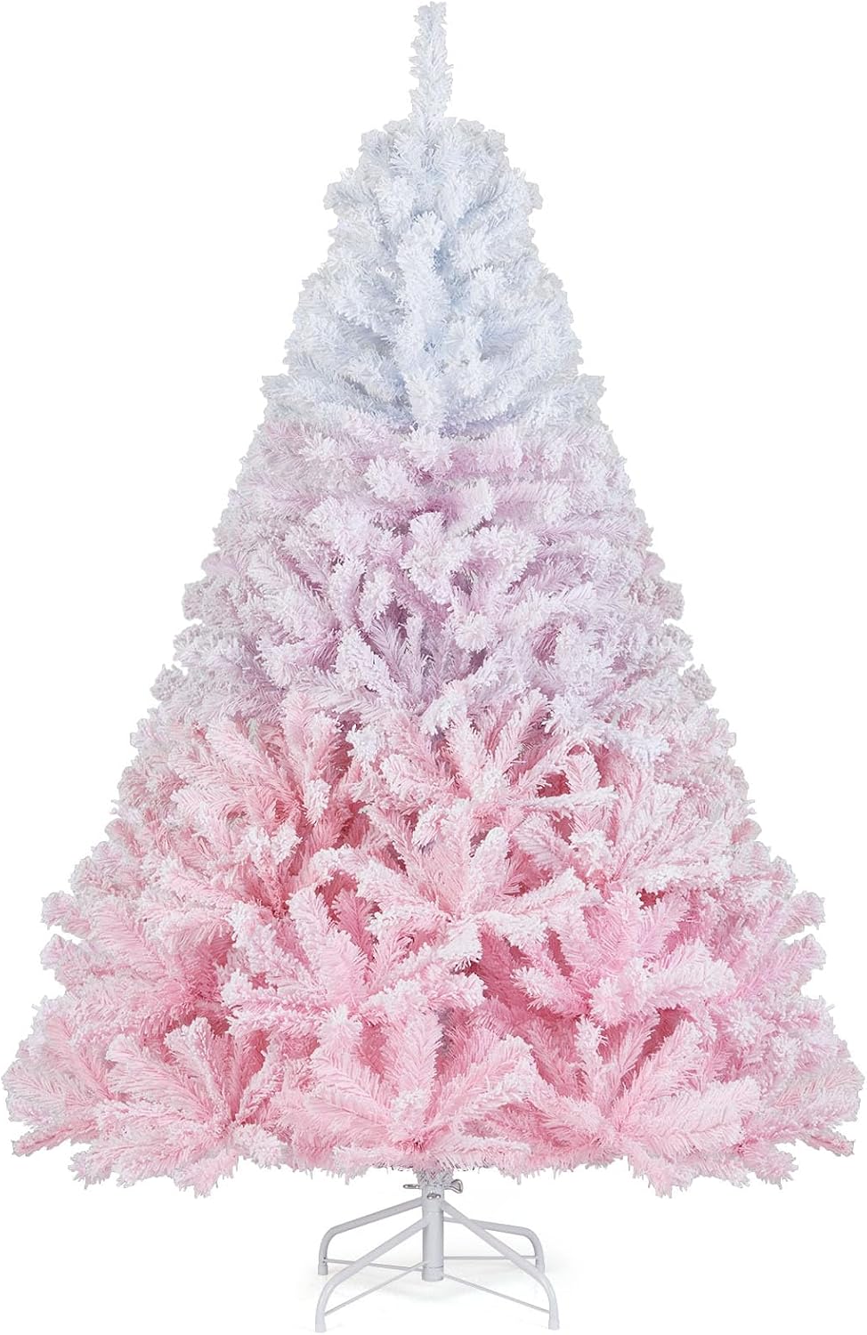 Goplus 7.5ft Pre-Lit Artificial Christmas Tree, Premium PVC Snow Flocked Hinged Pine Tree with Metal Stand and LED Lights