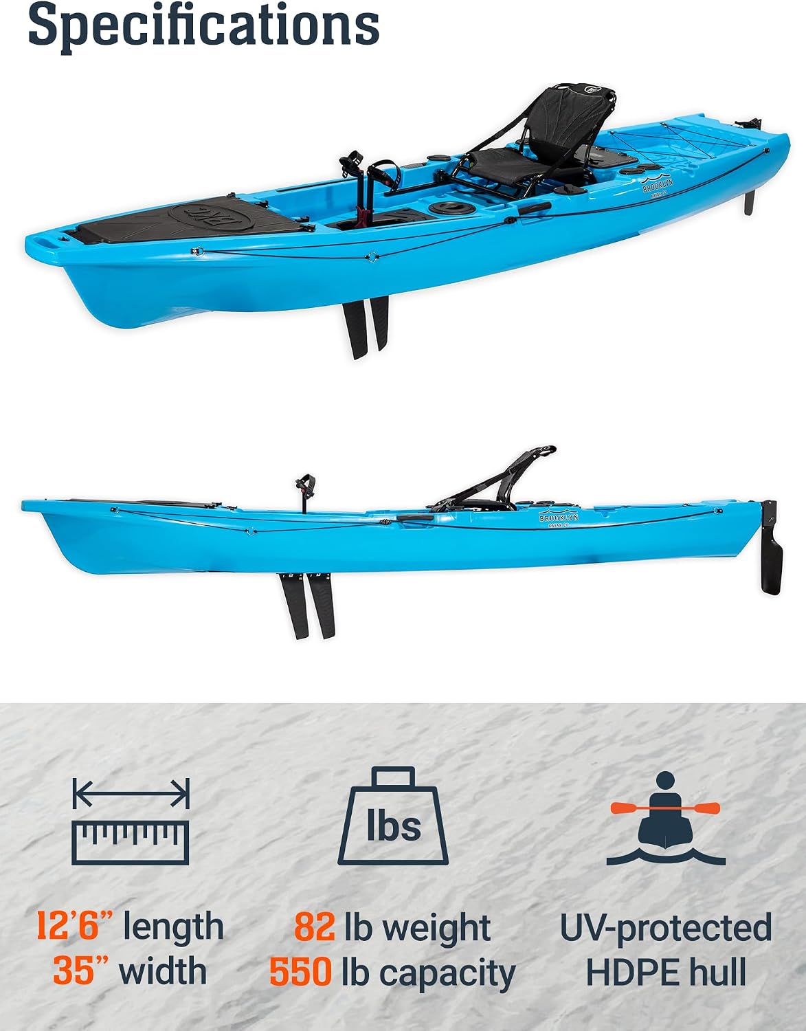 BKC Brooklyn 12.5 Pro Pedal Fishing Kayak, Propeller Drive | Hands-free propeller drive, rudder steering, 550 lb capacity, dry storage, rod holders, 12.5 ft sit-on-top hull