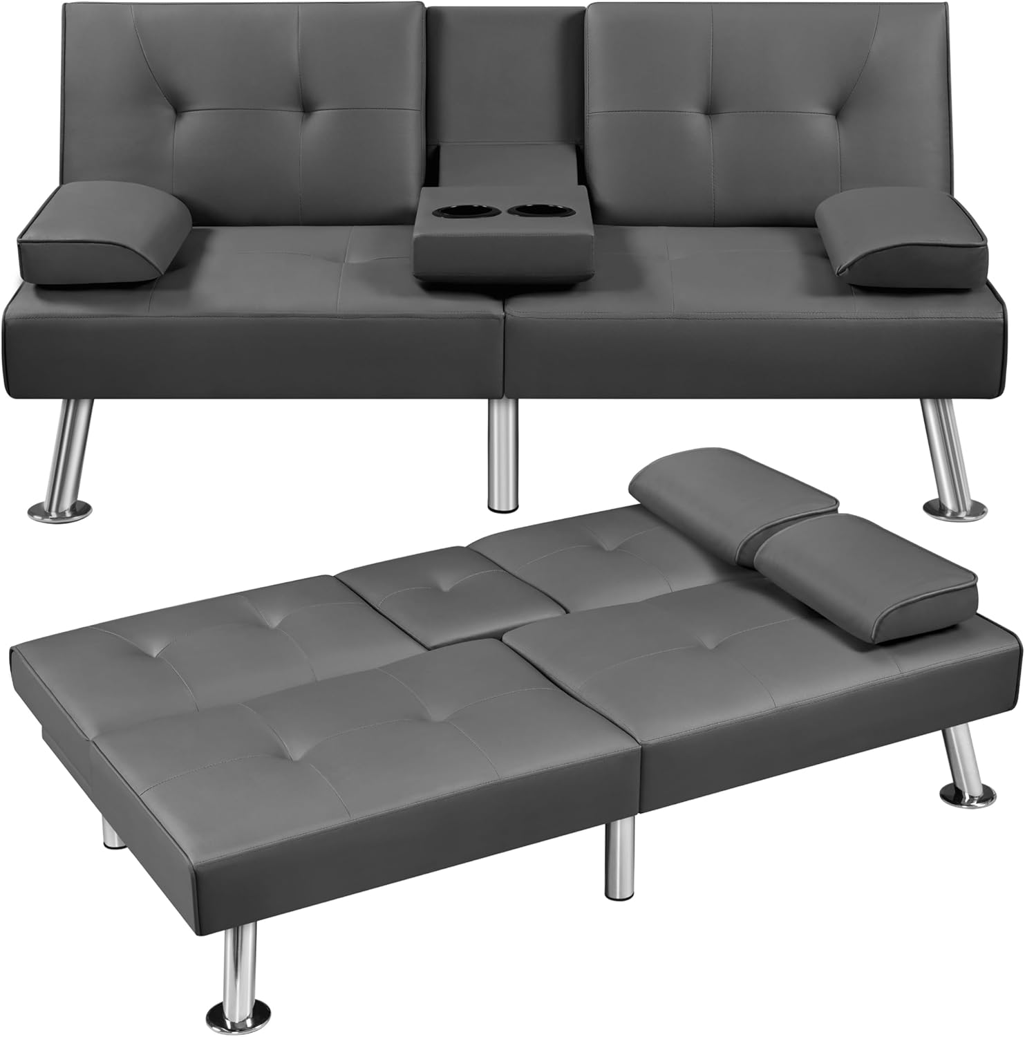 Yaheetech Convertible Futon Sofa Bed Loveseat with Cup Holder, Black