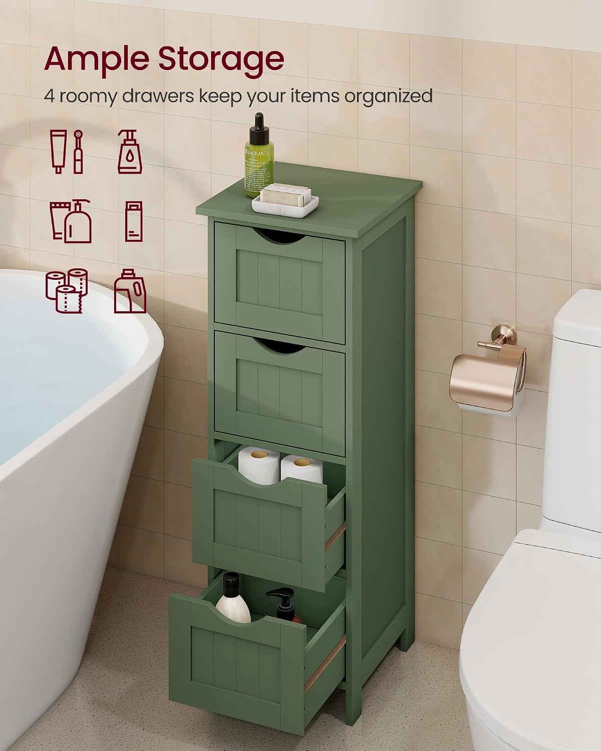 VASAGLE Floor Storage Cabinet, Freestanding Storage Organizer with 4 Drawers, 11.8 x 11.8 x 32.3 Inches, for Living Room, Bathroom, Dining Room, Kitchen, Modern Style, Cloud White ULHC040WH01S