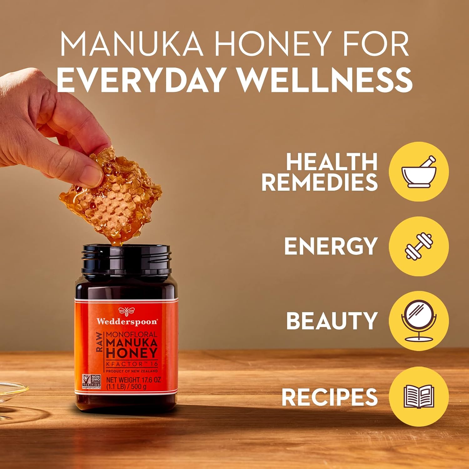 Wedderspoon Raw Manuka Honey 150+ MGO, 17.6 Oz, Unpasteurized New Zealand Honey, Non-GMO, BPA-Free Jar, Superfood & Natural Wellness Support | Unpasteurized New Zealand Honey, Non-GMO, BPA-Free Jar, Superfood & Natural Wellness Support