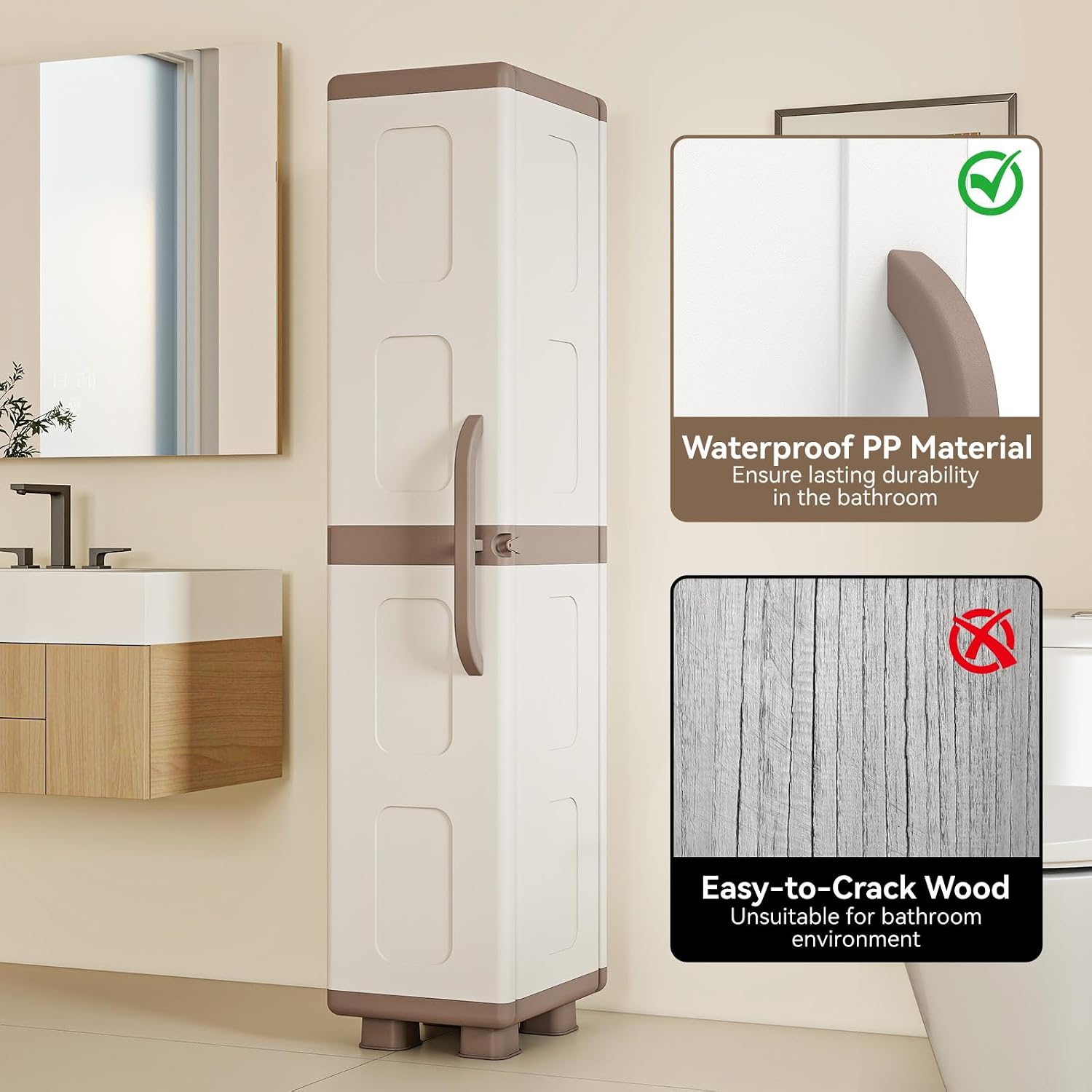 GIANTEX Storage Cabinet with 2 Doors and Adjustable Shelves, Modern Plastic Base Garage Organizer, Floor Sideboard for Kitchen, Dining Room, Bathroom (Wide-29"x19"x37",White+Brown)