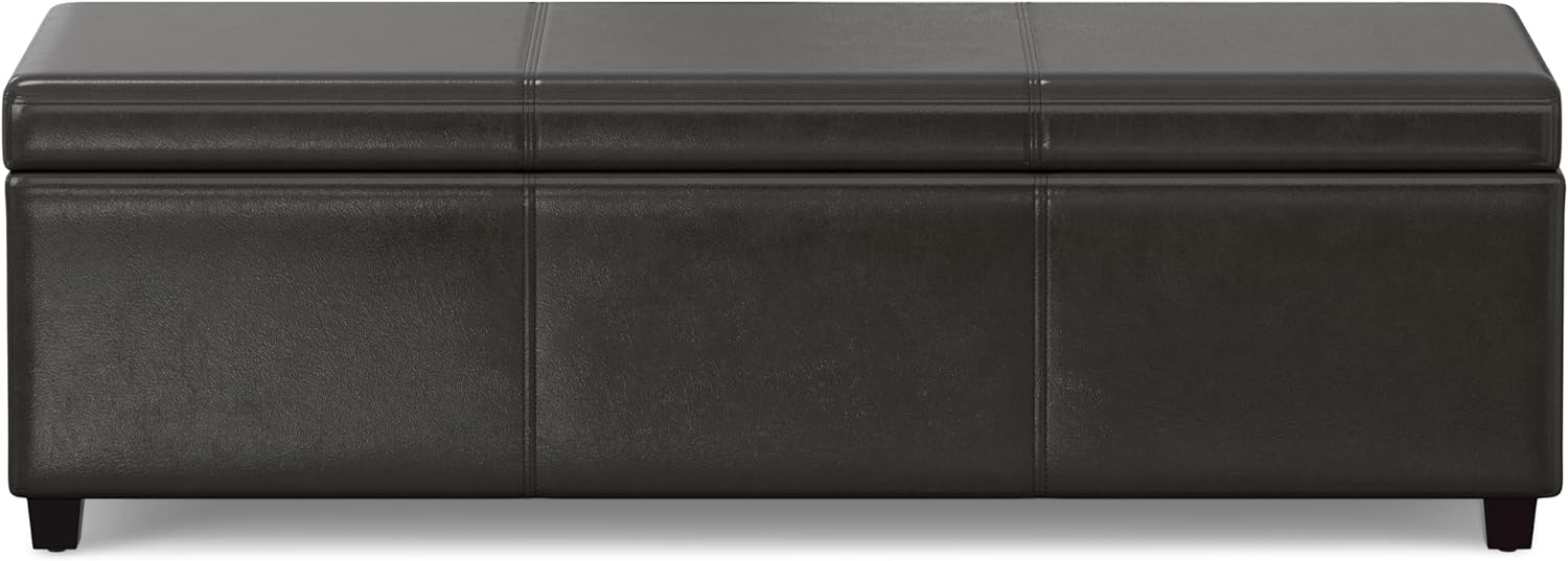 SIMPLIHOME Avalon 54" Wide Vegan Leather Storage Ottoman in Tanners Brown