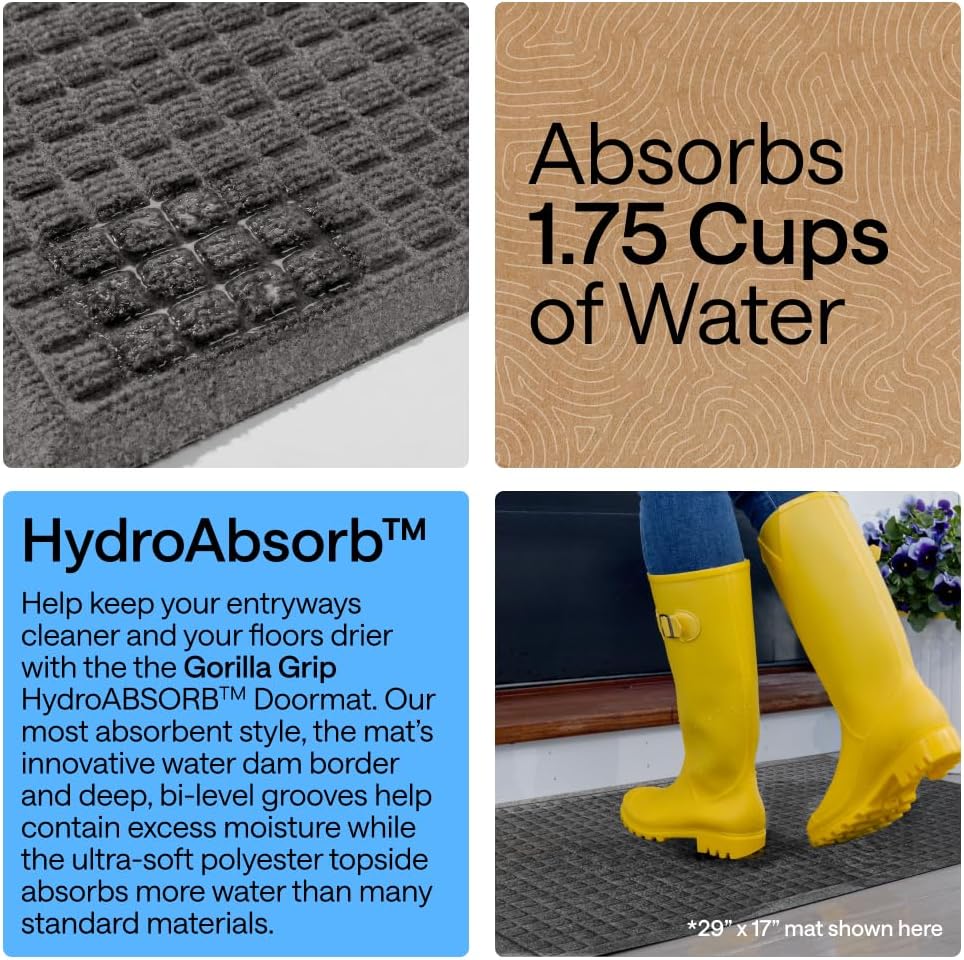 GORILLA GRIP® HydroABSORB Door Mat for Indoor Outdoor Use, 29x17 Black