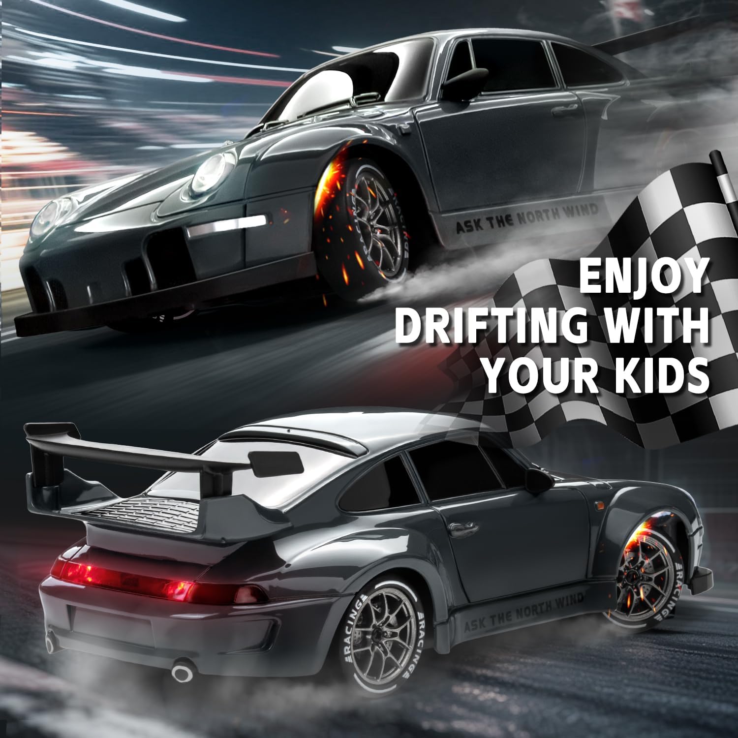 RC Drift Car Purple Racing Livery 1/24 Remote Control Car for Adult | 20KM/H 4WD Low/High Speed RC Cars with LED Lights, Extra Drifting Tires, Vehicle for Kids Boys Girls Beginners Indoor Outdoor