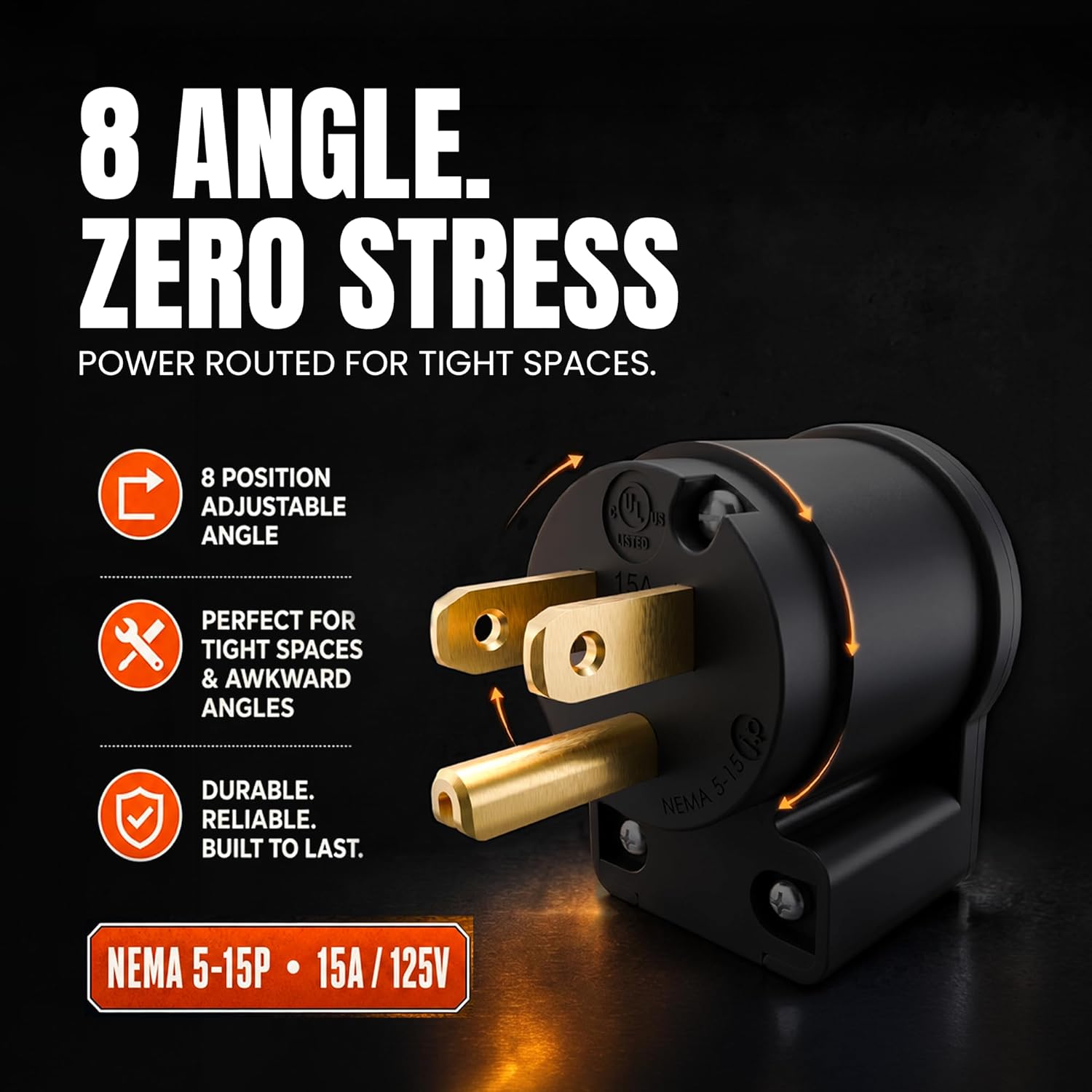 515AN 90 Degree Right Angle Male Plug, 15 Amp 120v 125 Volt NEMA 5-15P, 2Pole 3Wire, Straight Blade Replacement Electrical Plug Extension Cord End - Commercial Grade 15A (Black, 1-PACK)
