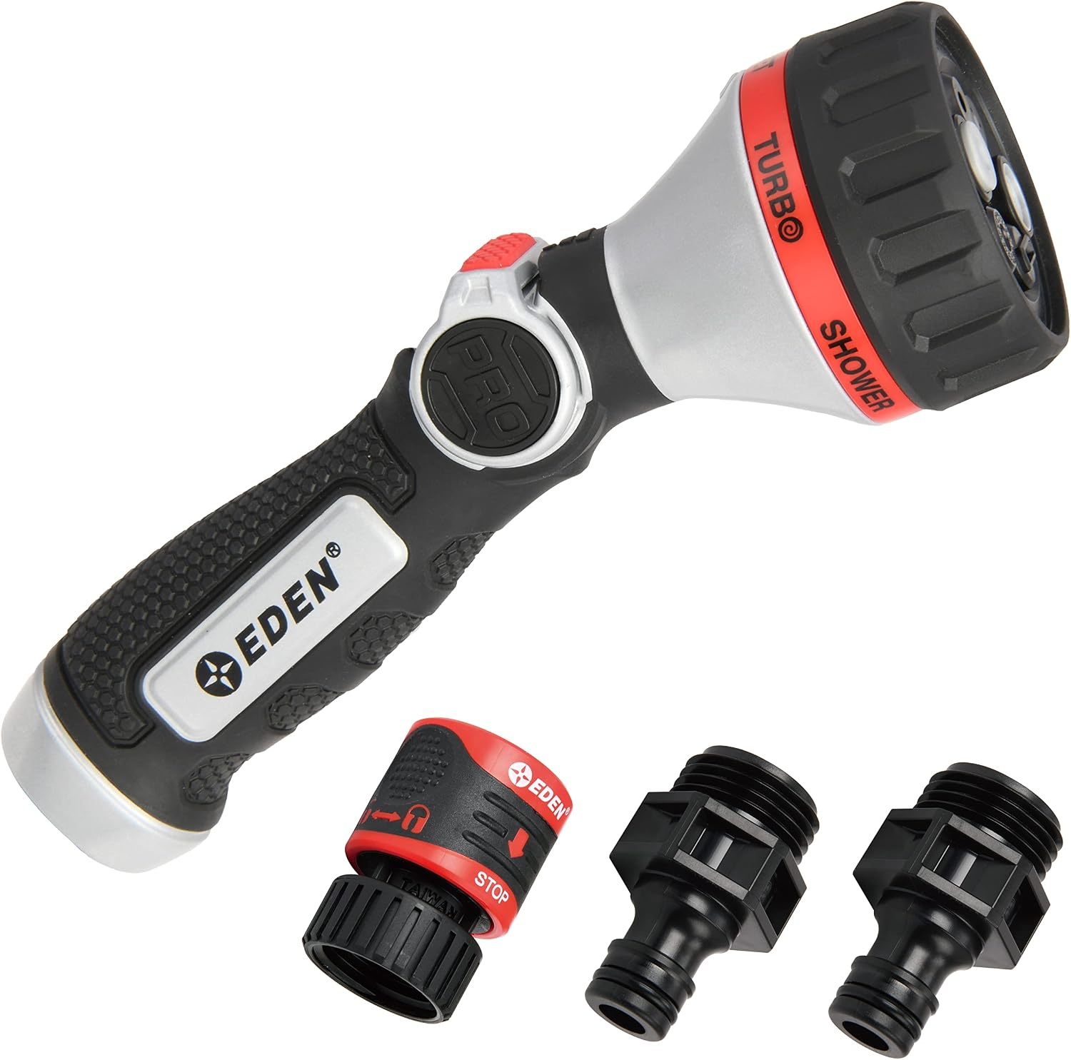 Eden Metal 7-Pattern Hose Nozzle: Thumb Control, Heavy-Duty Zinc Alloy