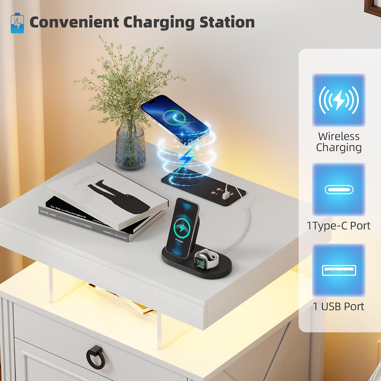 Smart LED Nightstand with Lockable Gun Drawer & Glass Top（Black） | Modern Bedside Table with Charging Station and Hidden Storage, LED Night Stand with 4 Drawers & Motion Sensor for Bedroom