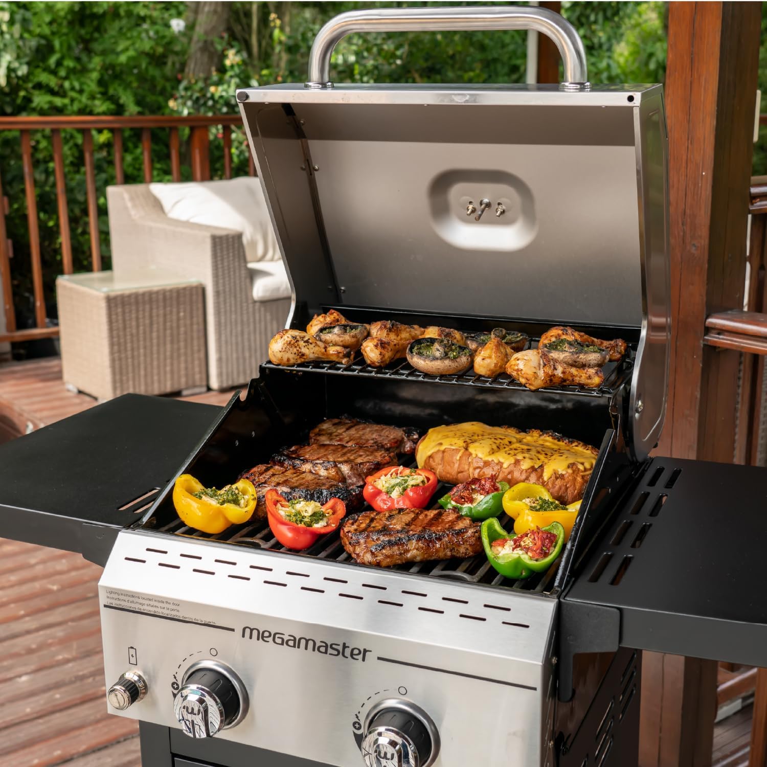 Megamaster Deluxe 2 Burner Gas Grill, Foldable Shelves with Warming Rack | Offers 28000 BTU, Built-In Thermometer, Electronic Ignition