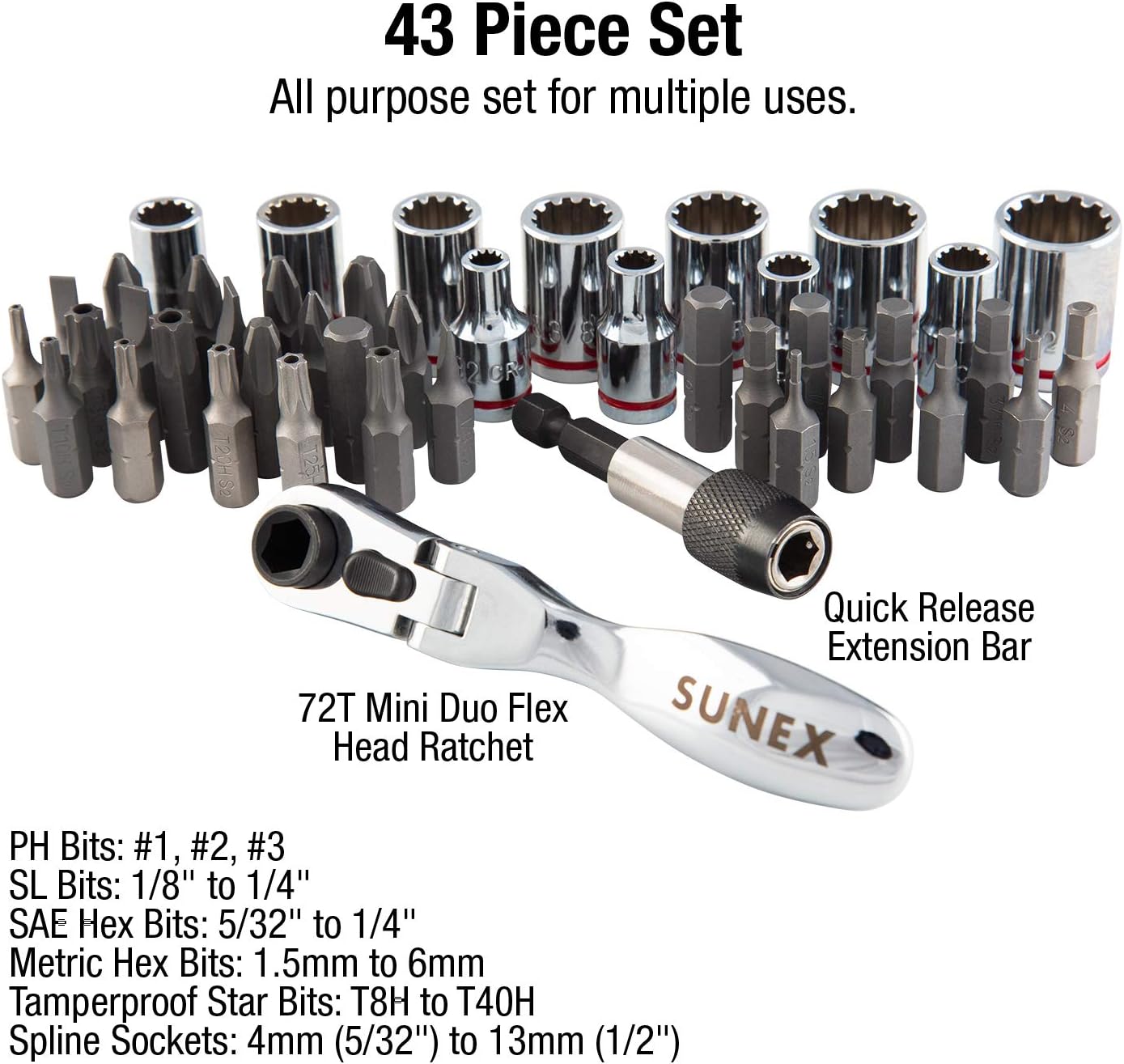 SUNEX TOOLS 9732 44Pc 1/4" Dr Mini Dual Flex Head RATCHET W Socket & Bit Set