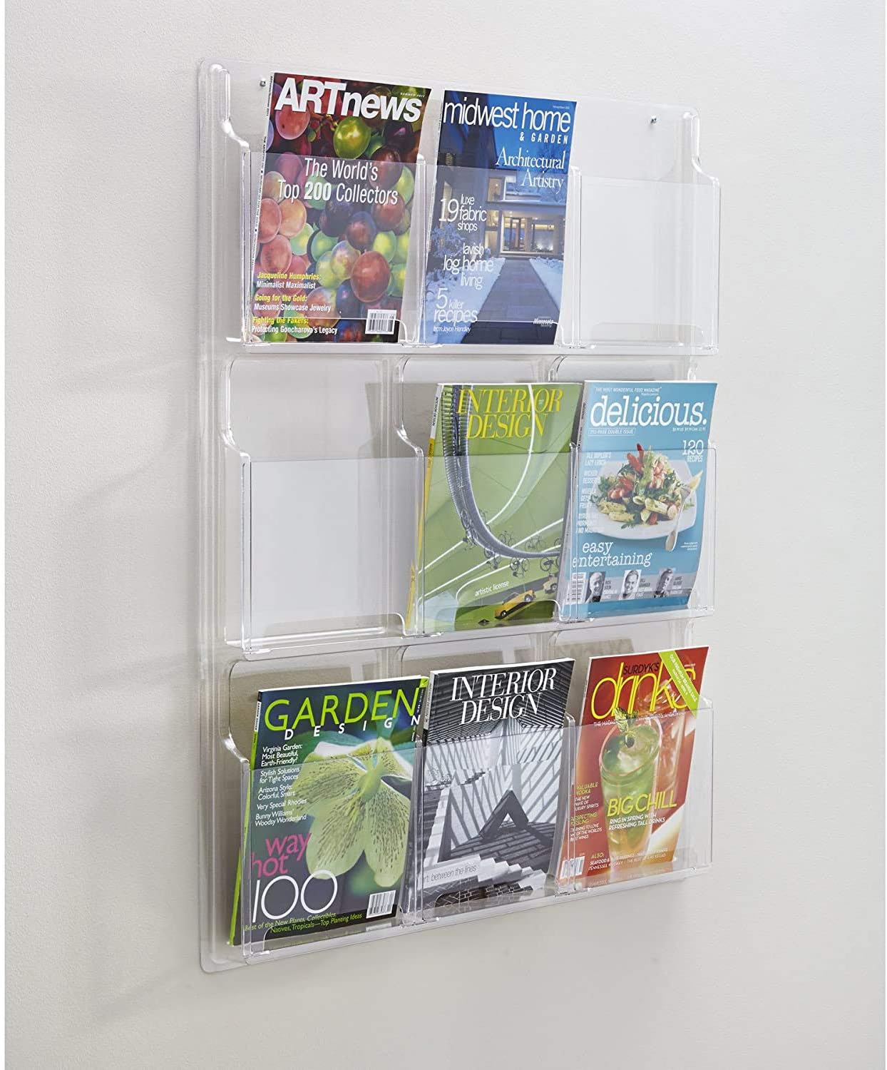 Safco Reveal Literature Rack, 9 Compartments Magazine Holder, Wall-Mounted Brochure Organizer, Acrylic, Clear