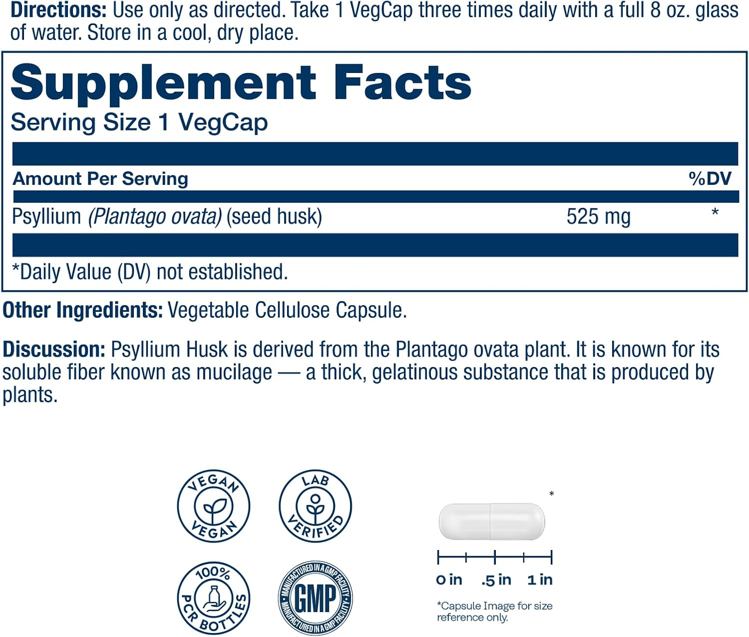 SOLARAY Psyllium Husk Capsules – 525 mg Prebiotic and Soluble Fiber Supplement for Overall Daily Wellness Support – Vegan