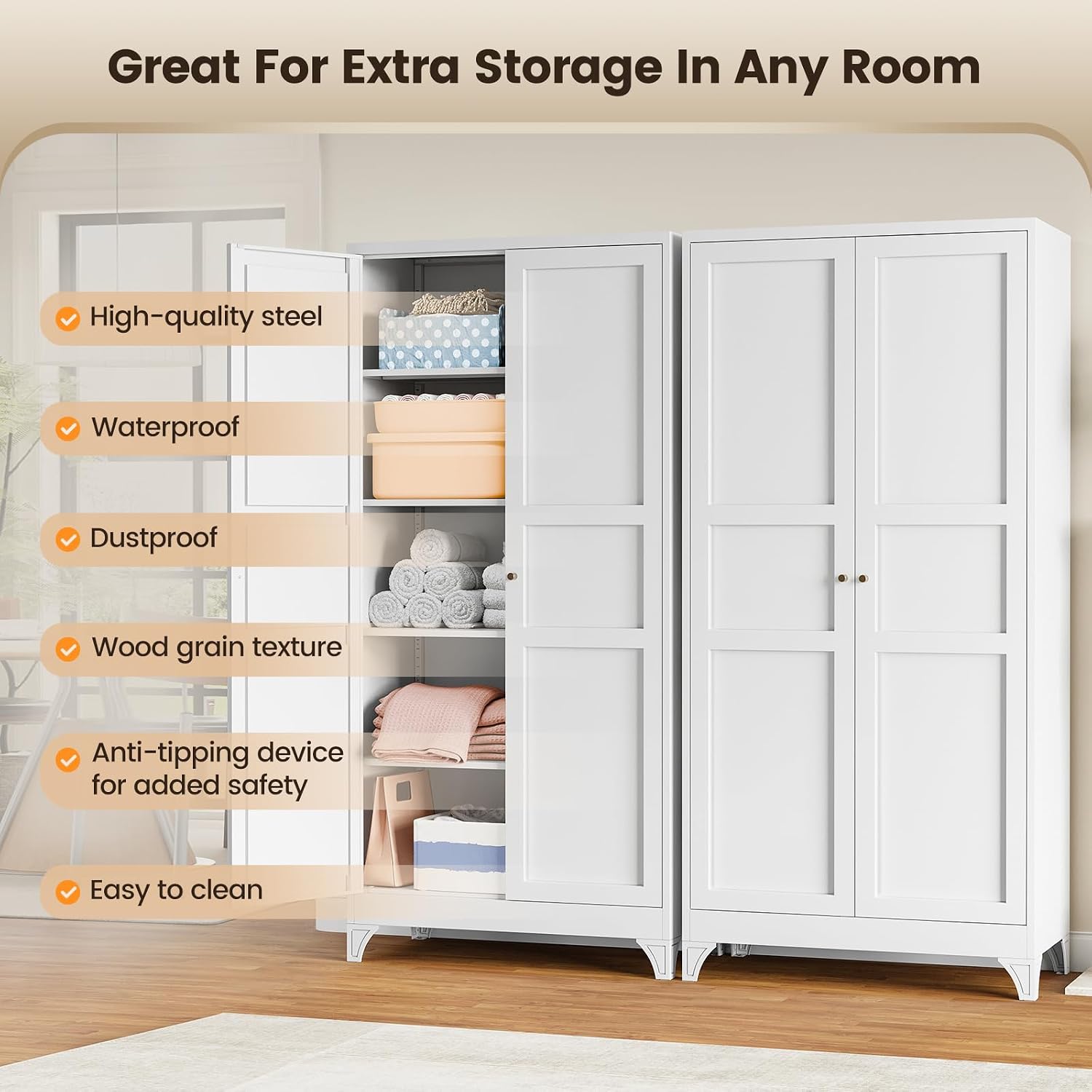 Metal Storage Cabinet with 2 Doors and 4 Adjustable Shelves - 61" White Kitchen Pantry Storage 5-Tier Tall Steel Cabinets Locker for Kitchen, Living Room, Dining Room