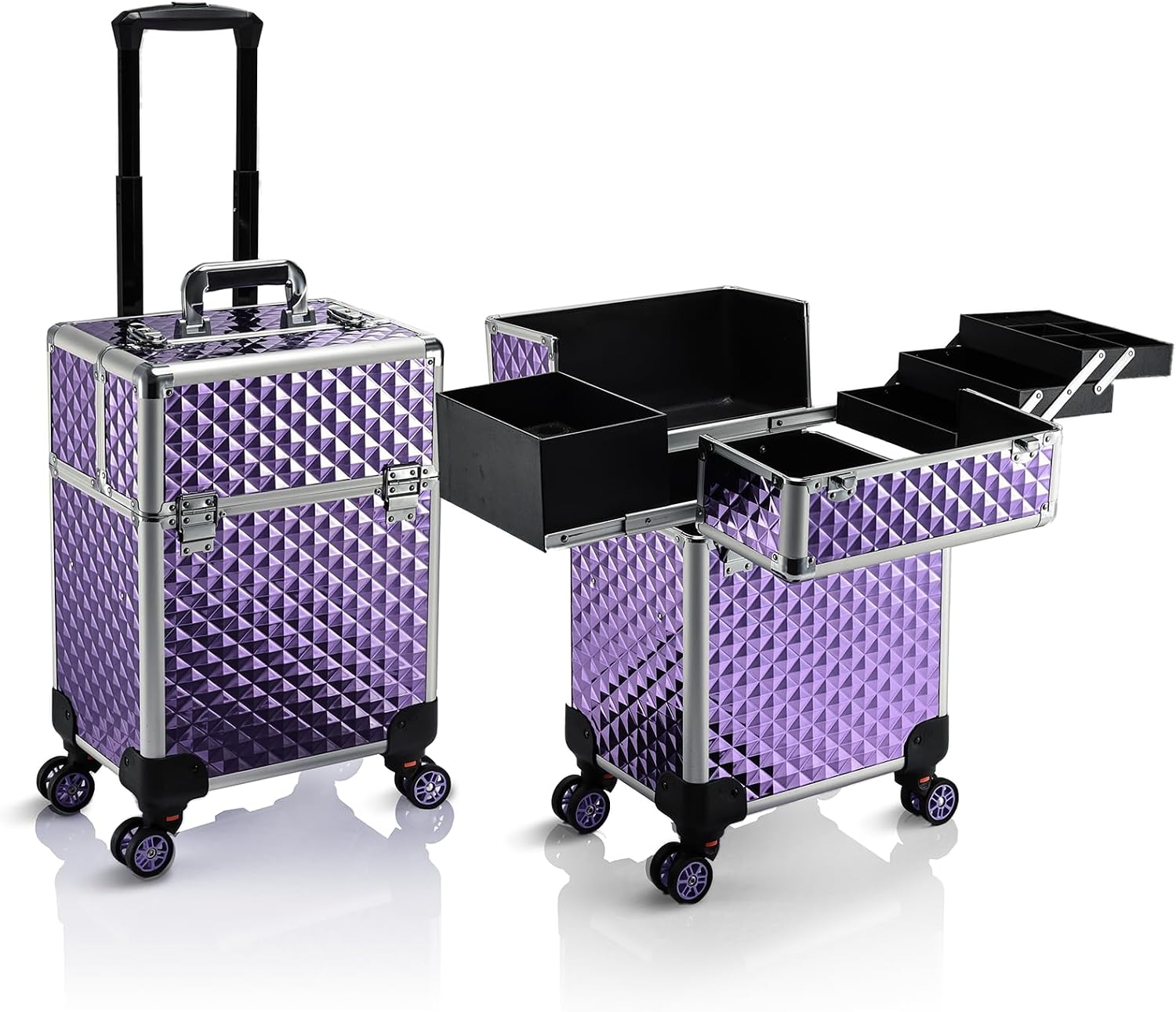 Stagiant Rolling Makeup Train Case Large Storage Cosmetic Trolley 4 Tray with Sliding Rail Removable Middle Layer with Key Swivel Wheels Salon