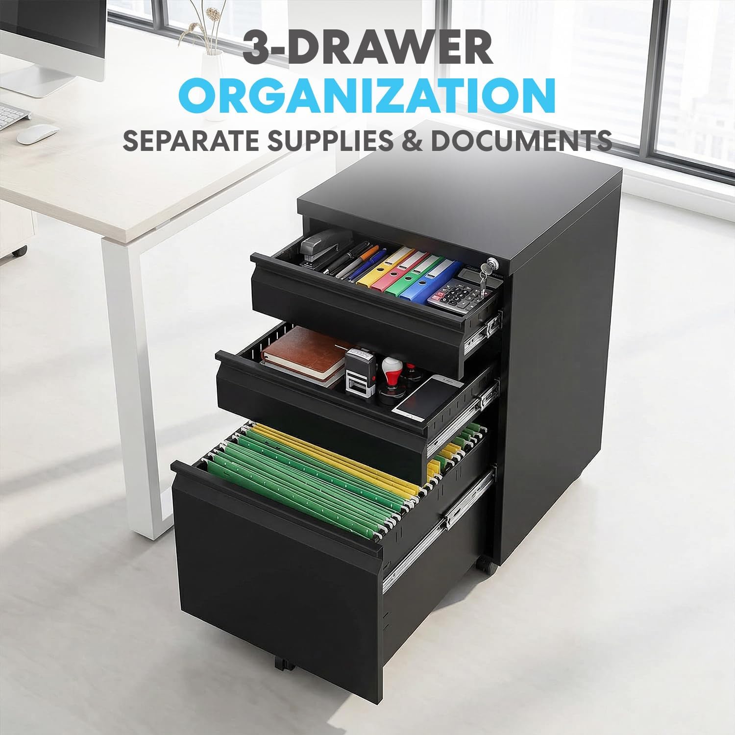 SIMPLI-Magic 3-Drawer Mobile File Cabinet with Lock - Under Desk Rolling Metal Filing Cabinet, Letter/Legal/A4, Fully Assembled, Home Office Organizer