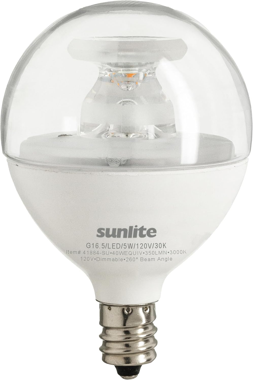 Sunlite G16.5 Light Bulb LED, 5W (40W Equiv.), 350 Lumens, Dimmable, Type G Globe Shape E12 Candelabra Base, Short Bulbs, Vanity Mirror Bulbs, 2700K Soft White, Frosted, 6 Count