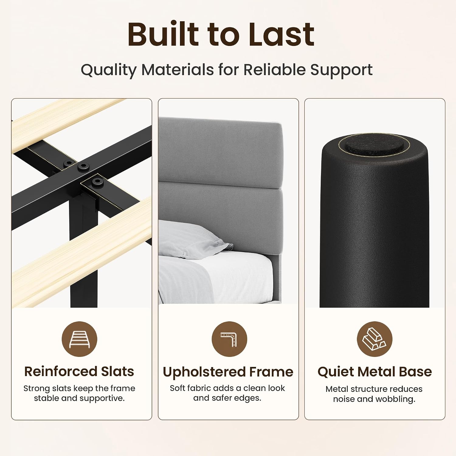 GRUSIGN Queen Size Platform Bed Frame with Velvet Headboard, Adjustable Height Wooden Slats Support, Upholstered Mattress Foundation, Fits Mattress or Mattress with Box Spring, Easy Assembly, Beige