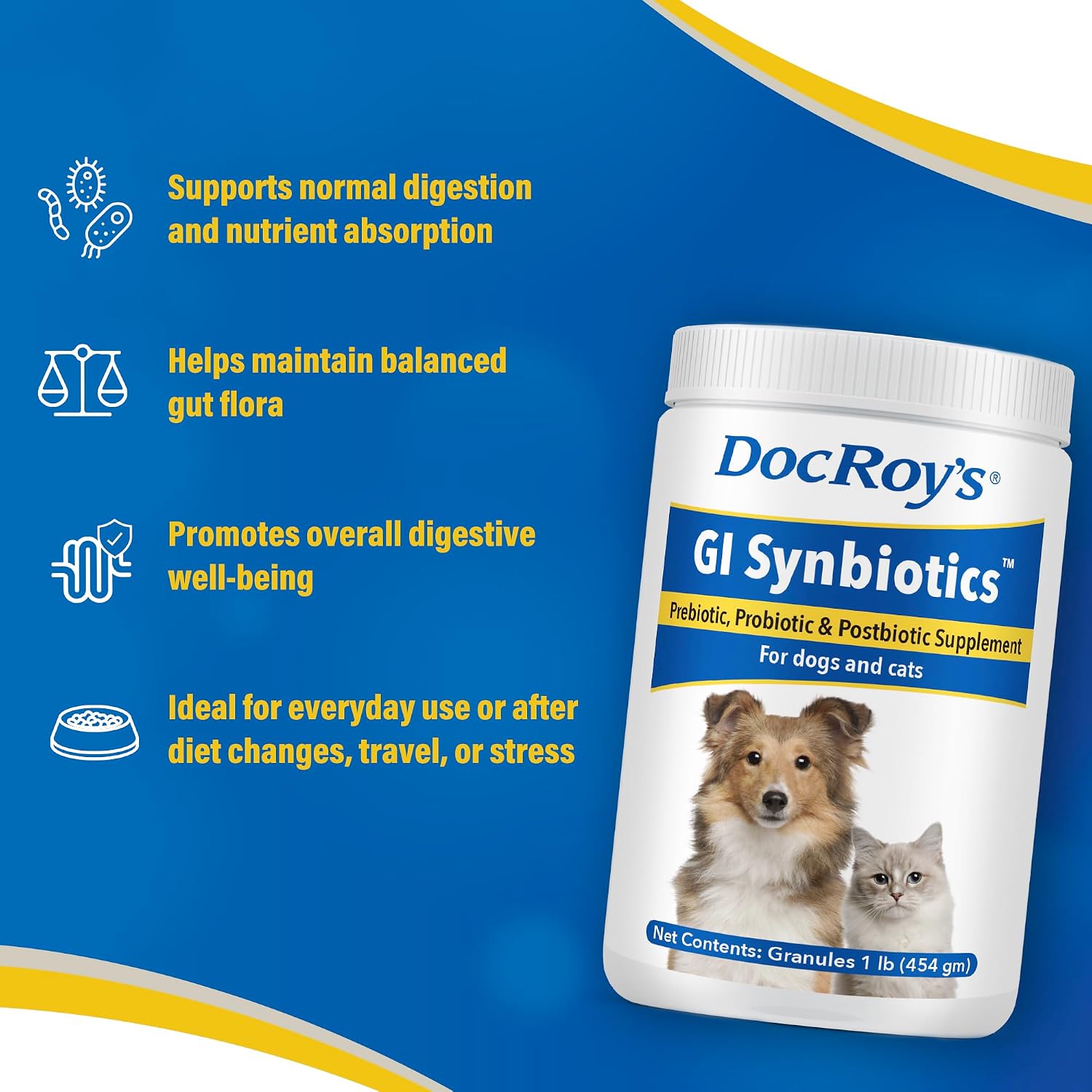 Doc Roys GI Synbiotics for Dogs and Cats, Prebiotic and Probiotic Granules, Digestive and Immune Support, Chicken Flavored, Made in USA, 454 gm