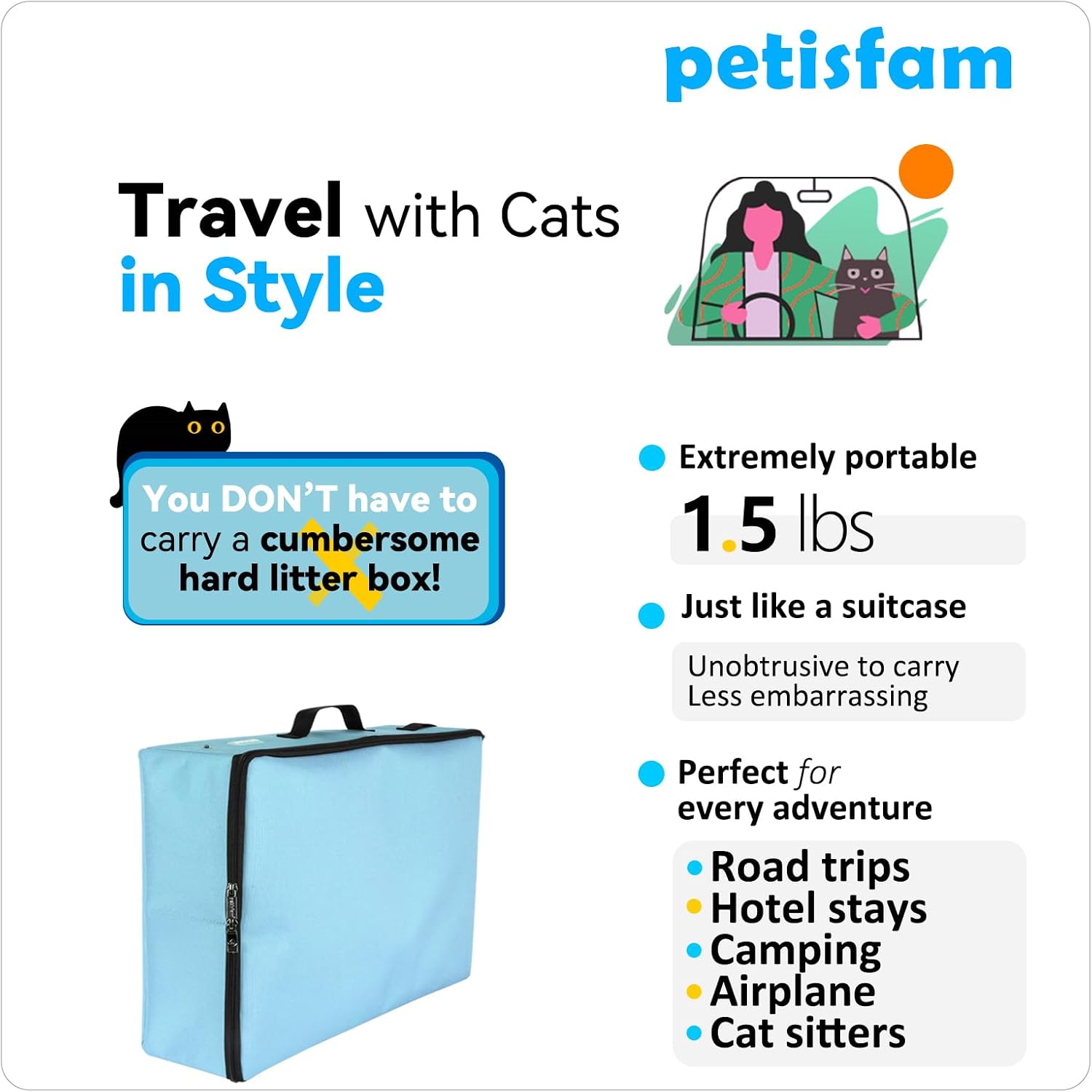 Portable Travel Litter Box for Cats with Lid to Contain Litter and Odor. Easy to Carry, Clean and Store. Easy for Car Travel, Hotle Stays