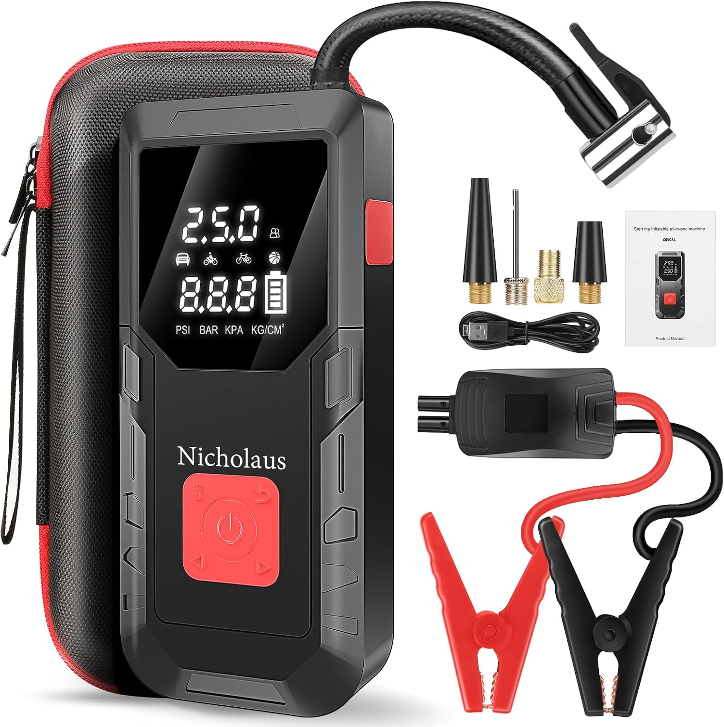 12 V Car 8000 mAh Battery Jump Starter 2800A with 150psI Air Compressor, Compact and Practical Edition QB08L Safe Smart