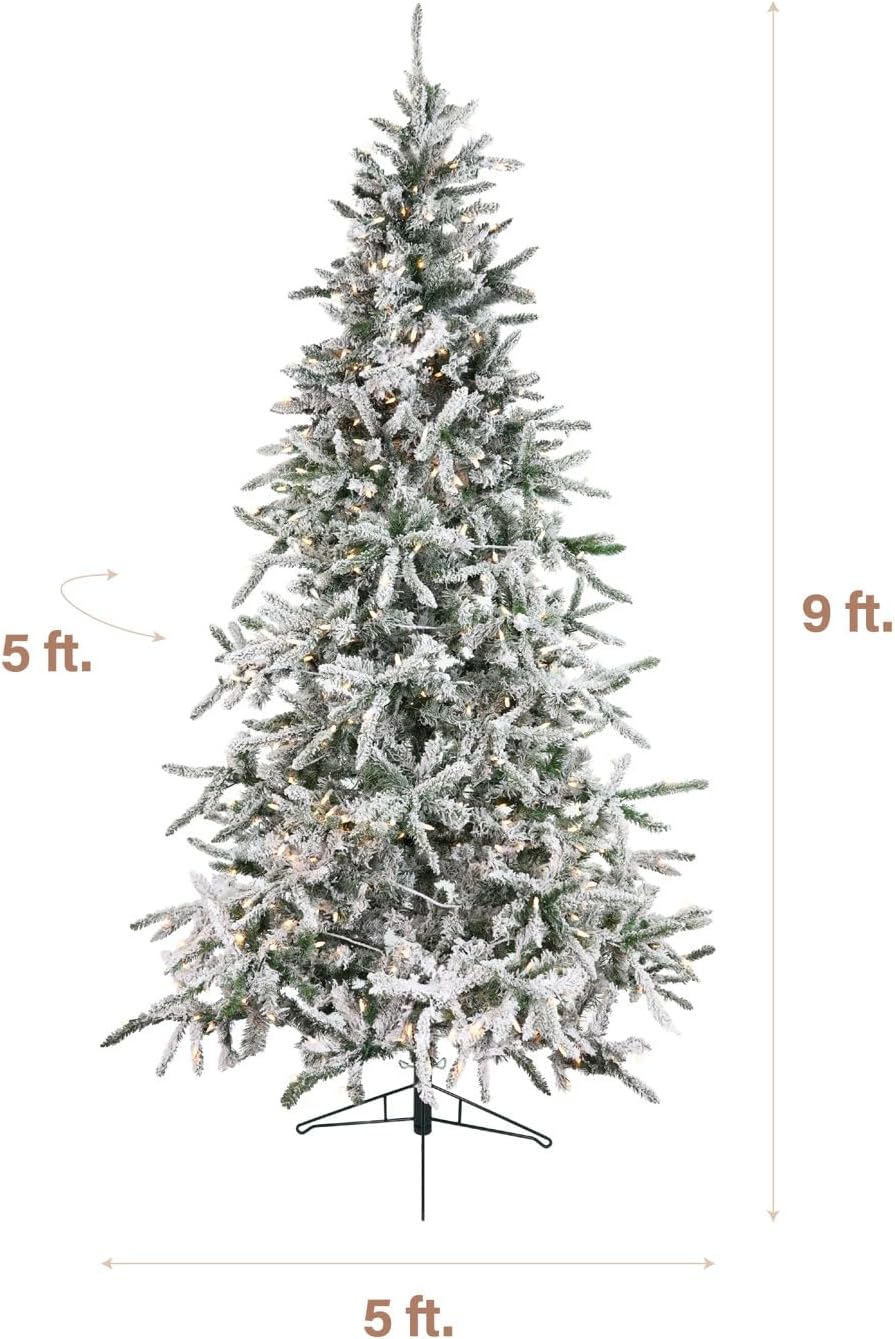 Fraser Hill Farm 7.5-Ft. Mountain Pine Flocked Artificial Christmas Tree with Stand, Unlit Foldable Fake Tree with Realistic Snowy Foliage for Home Decoration