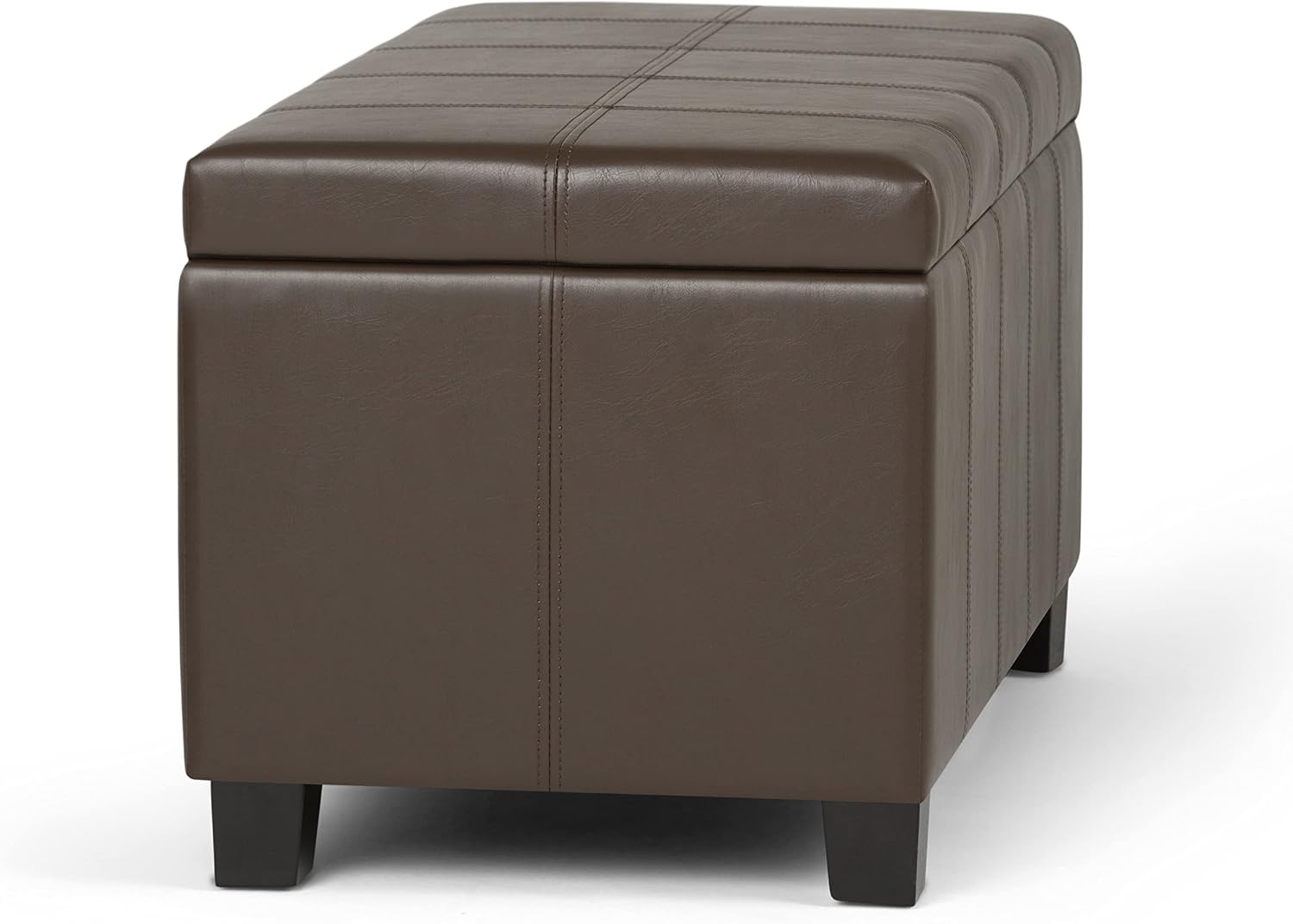 SIMPLIHOME Dover 36" Wide Vegan Leather Storage Ottoman in Midnight Black | Distressed umber brown, contemporary ottoman with lift-top and safety hinges; rectangle storage bench for living room.