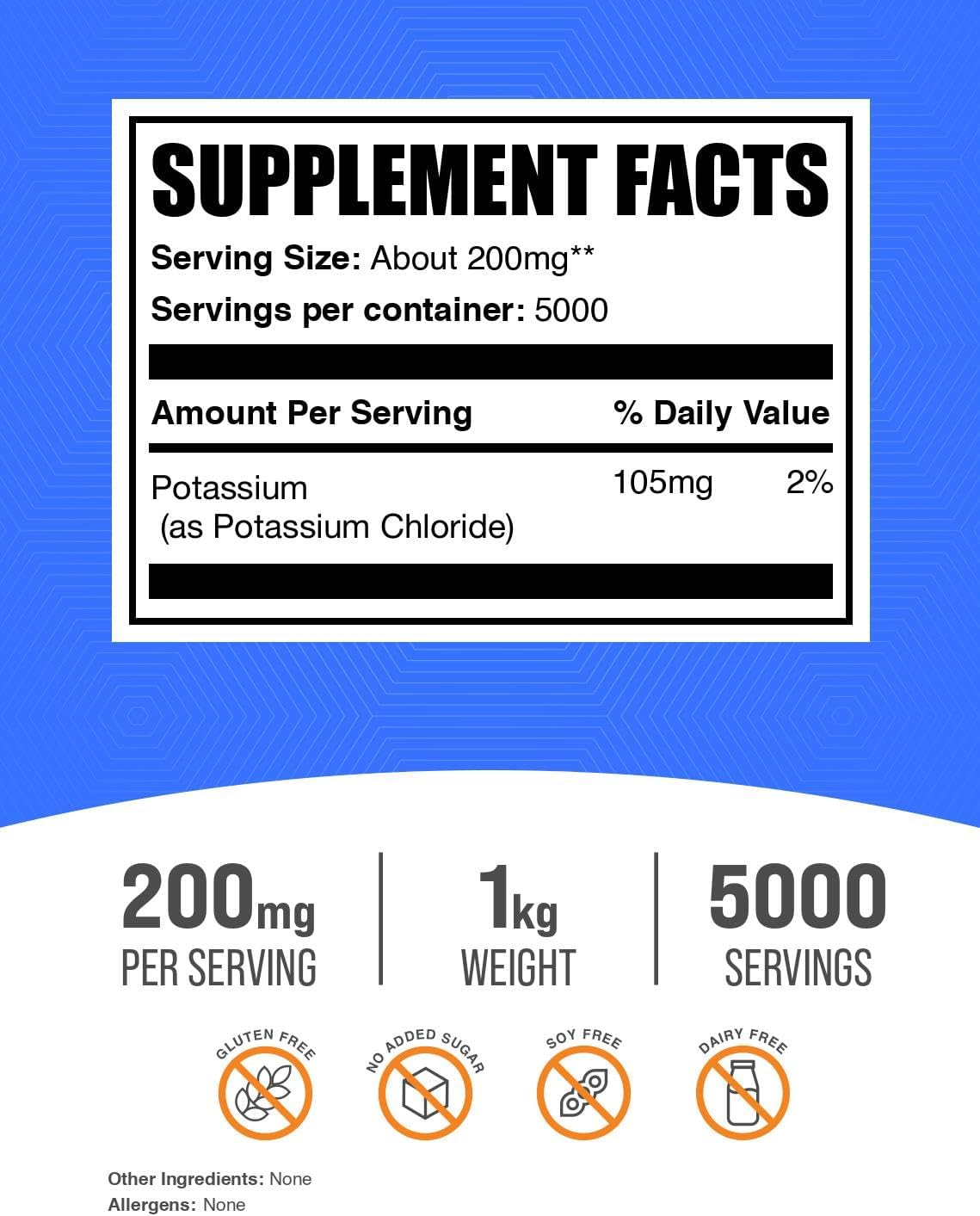 BulkSupplements.com Potassium Chloride Powder - Salt Substitute, Potassium Salt - Gluten Free, 200mg per Serving, 1kg (2.2 lbs) (Pack of 1)