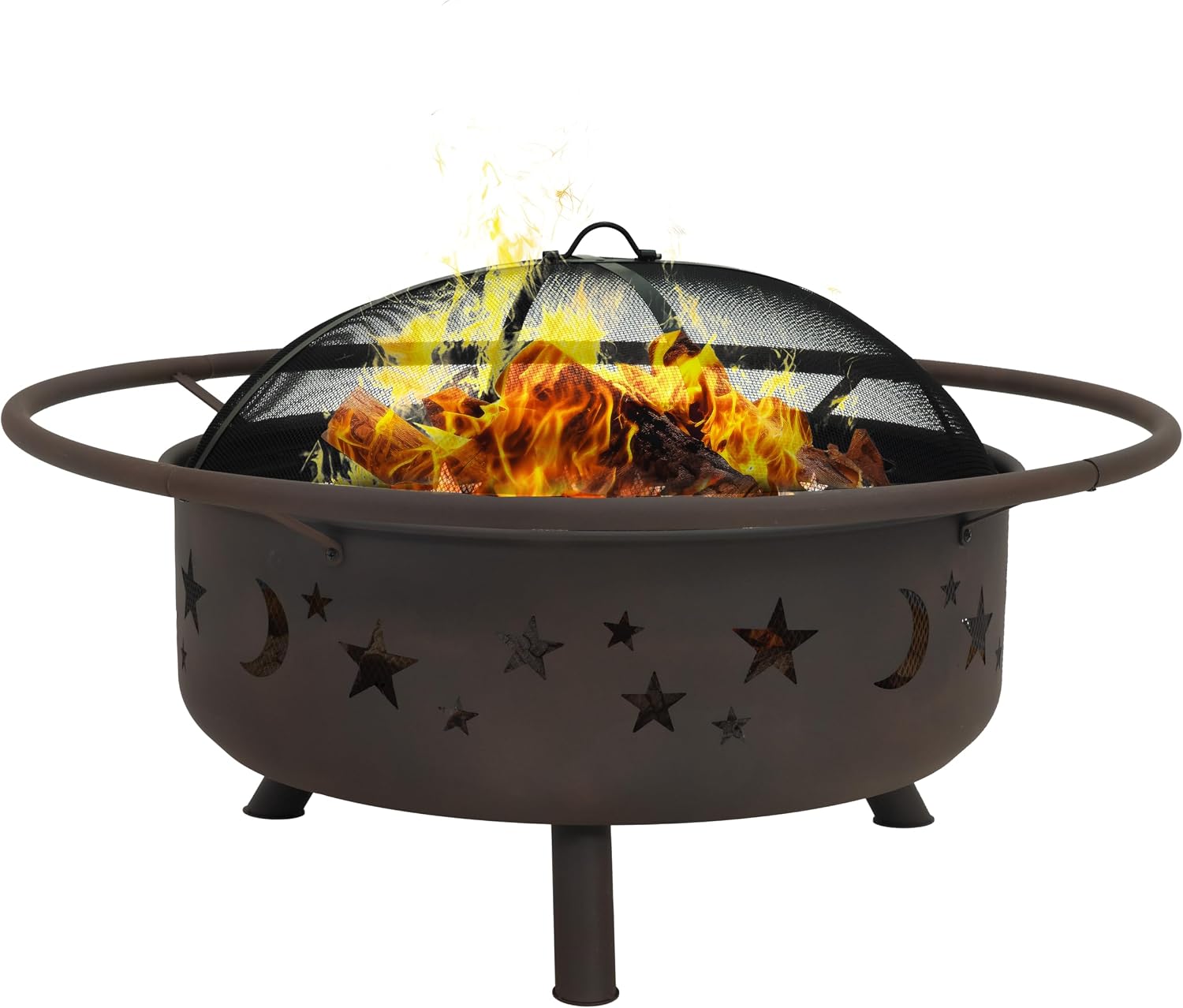 Sunnydaze Cosmic 42" Large Outdoor Fire Pit, Wood Burning, 34" Bowl Dia | Bronze, Heavy Duty Steel Metal, Includes Spark Screen, Wood Grate, & Poker, Round Backyard Firepit for Outside, Patio, Deck