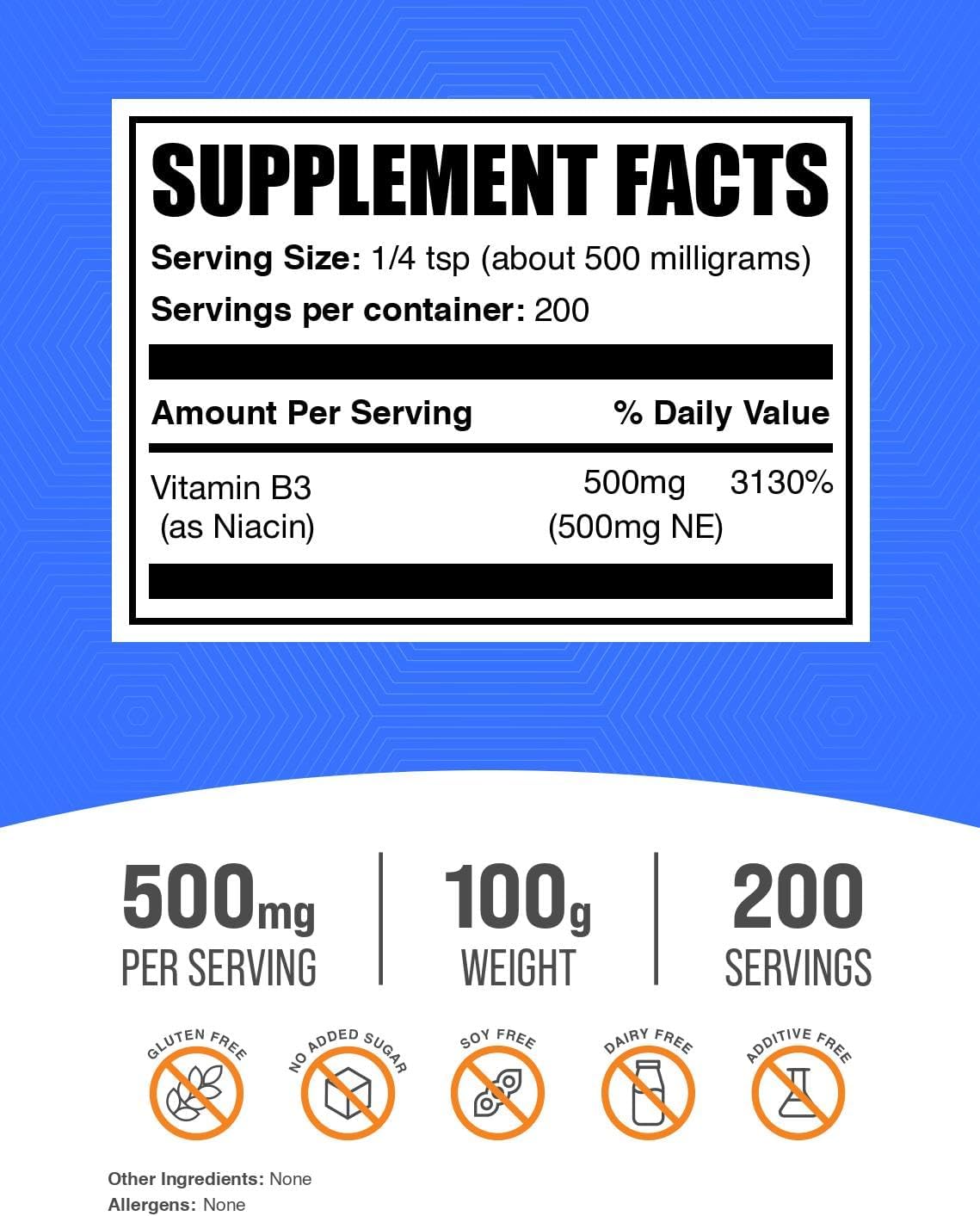 BulkSupplements.com Niacin Powder - Vitamin B3 Supplement, Niacin Flush - Gluten Free, 500mg per Serving, 250g (8.8 oz) (Pack of 1)