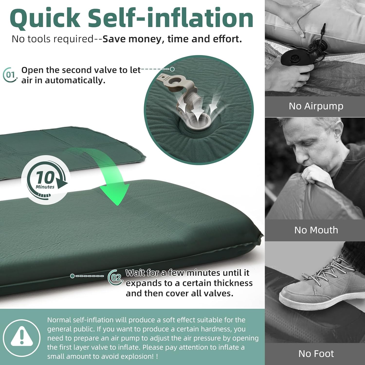 INVOKER Camping Sleeping Pad, Self-Inflating, 75 x 24 x 3.15 in, Green