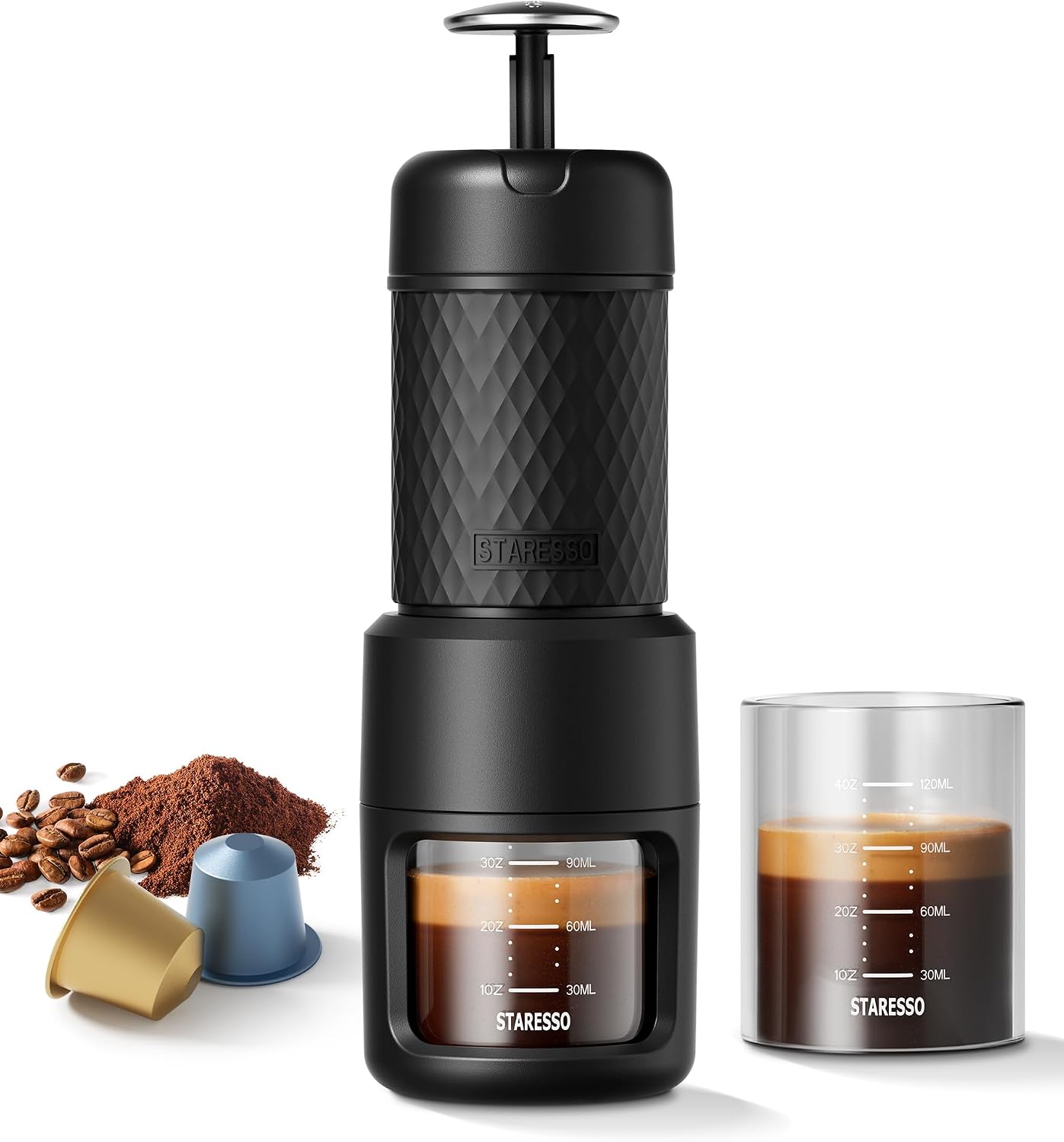 STARESSO Classic Manual Espresso Maker, 2 IN 1 Travel Coffee Machine | Compatible Ground Coffee & NS Original Pods, Stainless Steel Water Chamber