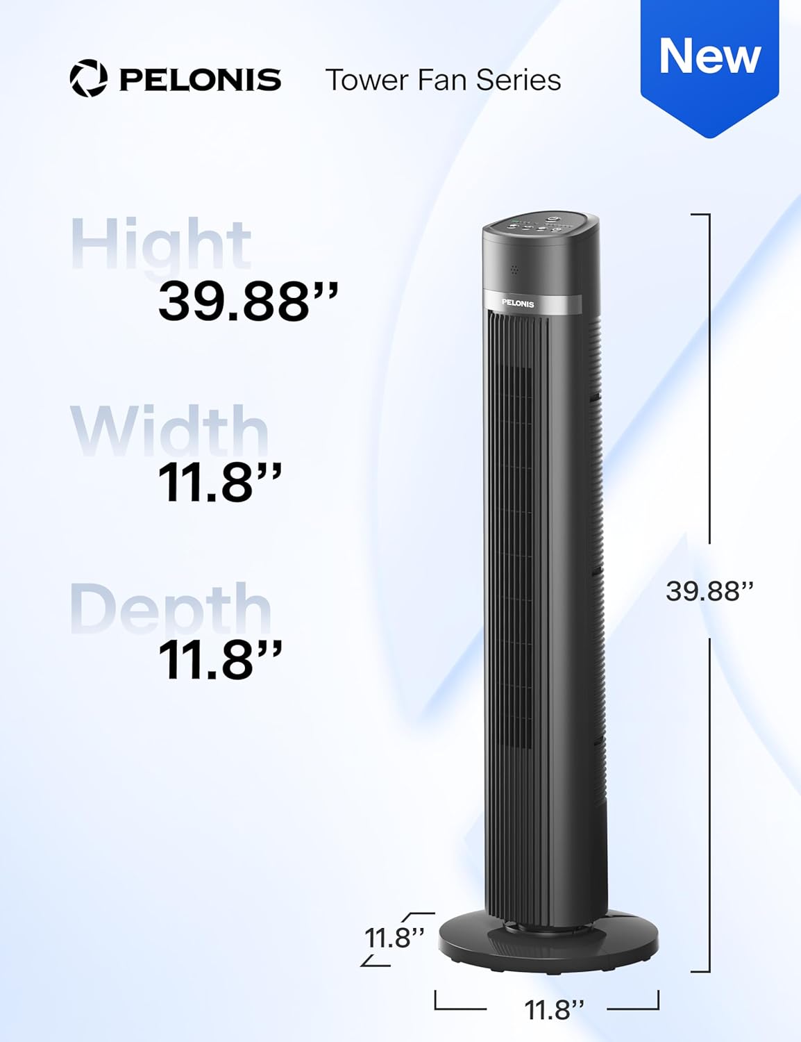 PELONIS 40-inch Bladeless Tower Fan for Bedroom, Standing Fan with Remote Control, 26ft/s, 90° Oscillation, 3 Speed Settings, 27 dB, 3 Modes