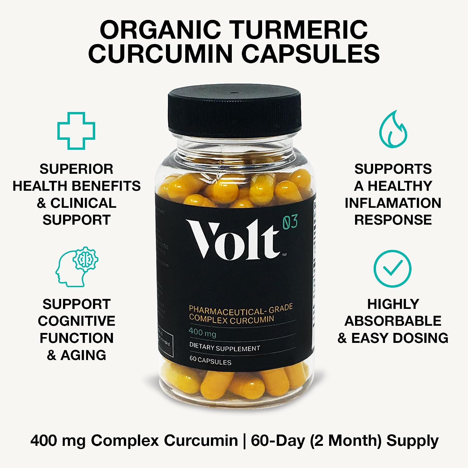 Volt03 Organic Turmeric Curcumin Capsules, 400mg Curcumin Complex, 60 Caps | 400mg curcumin complex supplement supporting joint health