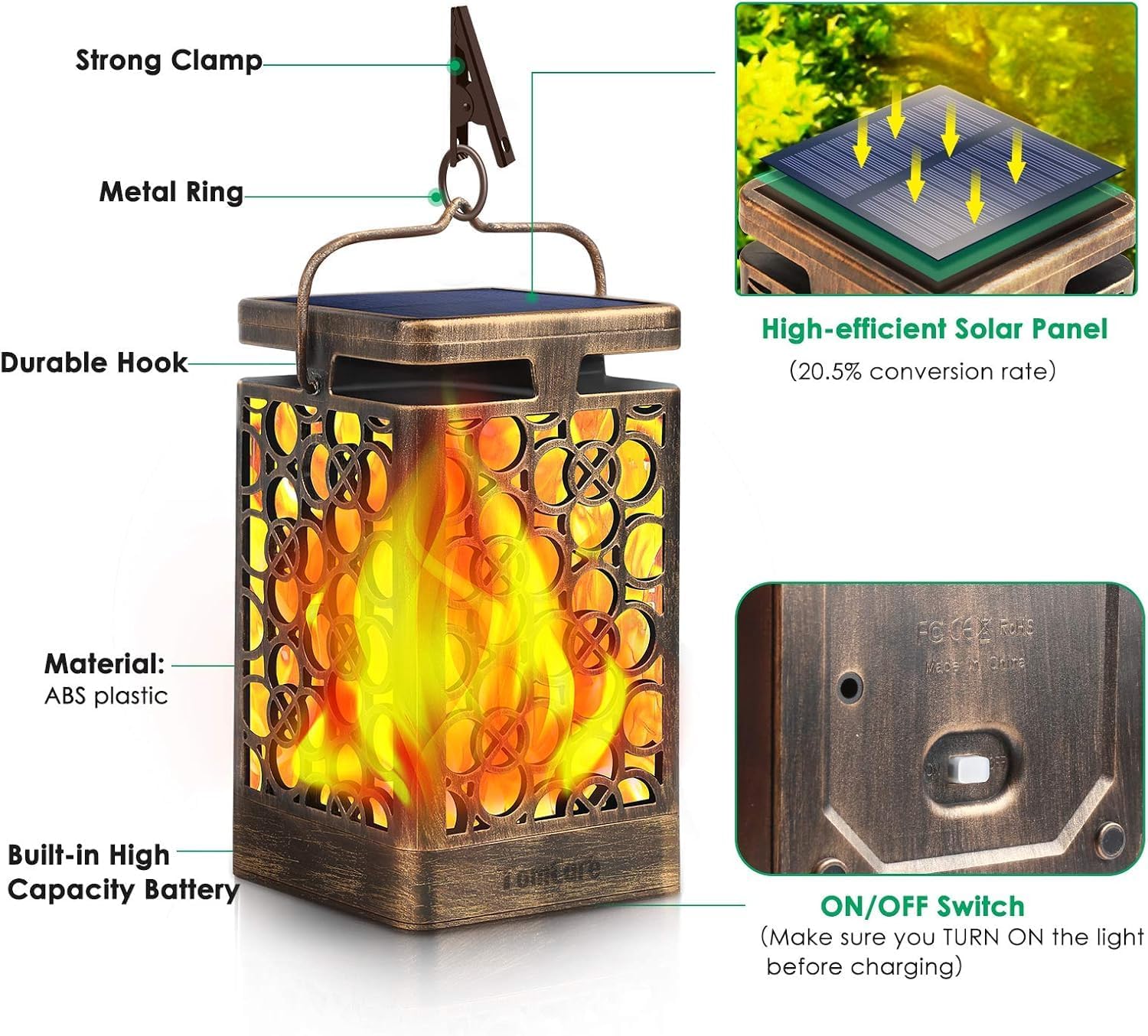 TomCare Solar Lanterns Outdoor, Flickering Flame Hanging Lights, 2 Pack