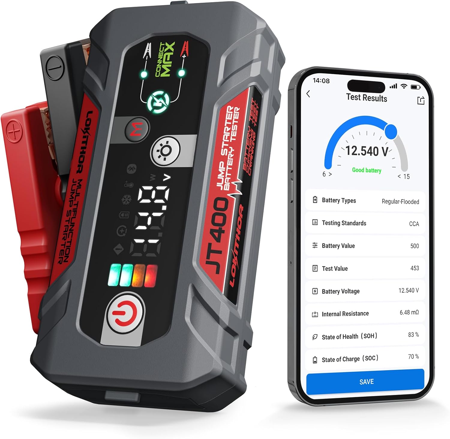 LOKITHOR JT400 2500A Portable Jump Starter with 100–2000 CCA Battery Tester, 12V Car Battery Jump Starter for Up to 8.5L Gas or 6.5L Diesel Engines, Smart Bluetooth Automotive Battery Load Tester