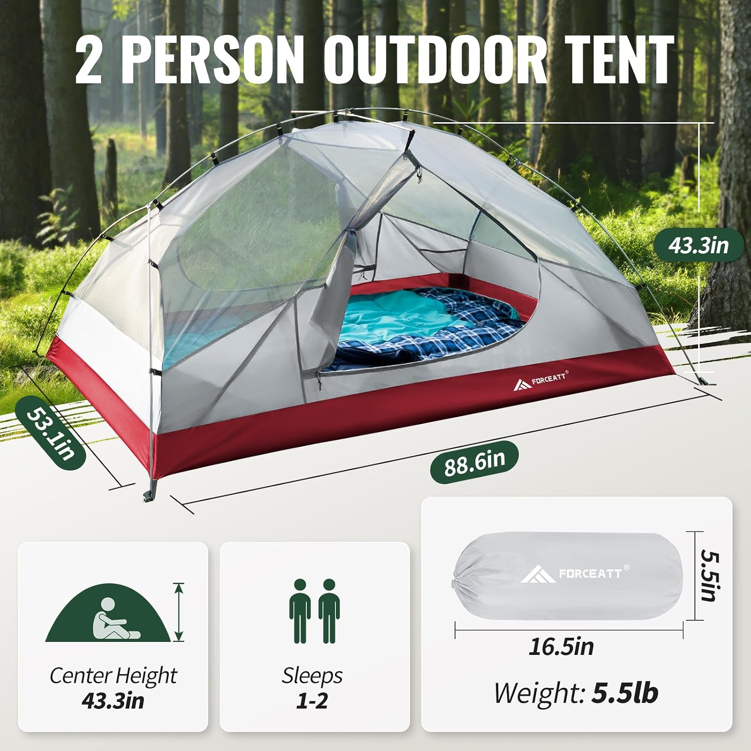 Forceatt Tent for 2 and 3 Person is Waterproof and Windproof, Camping Tent for 3 to 4 Seasons
