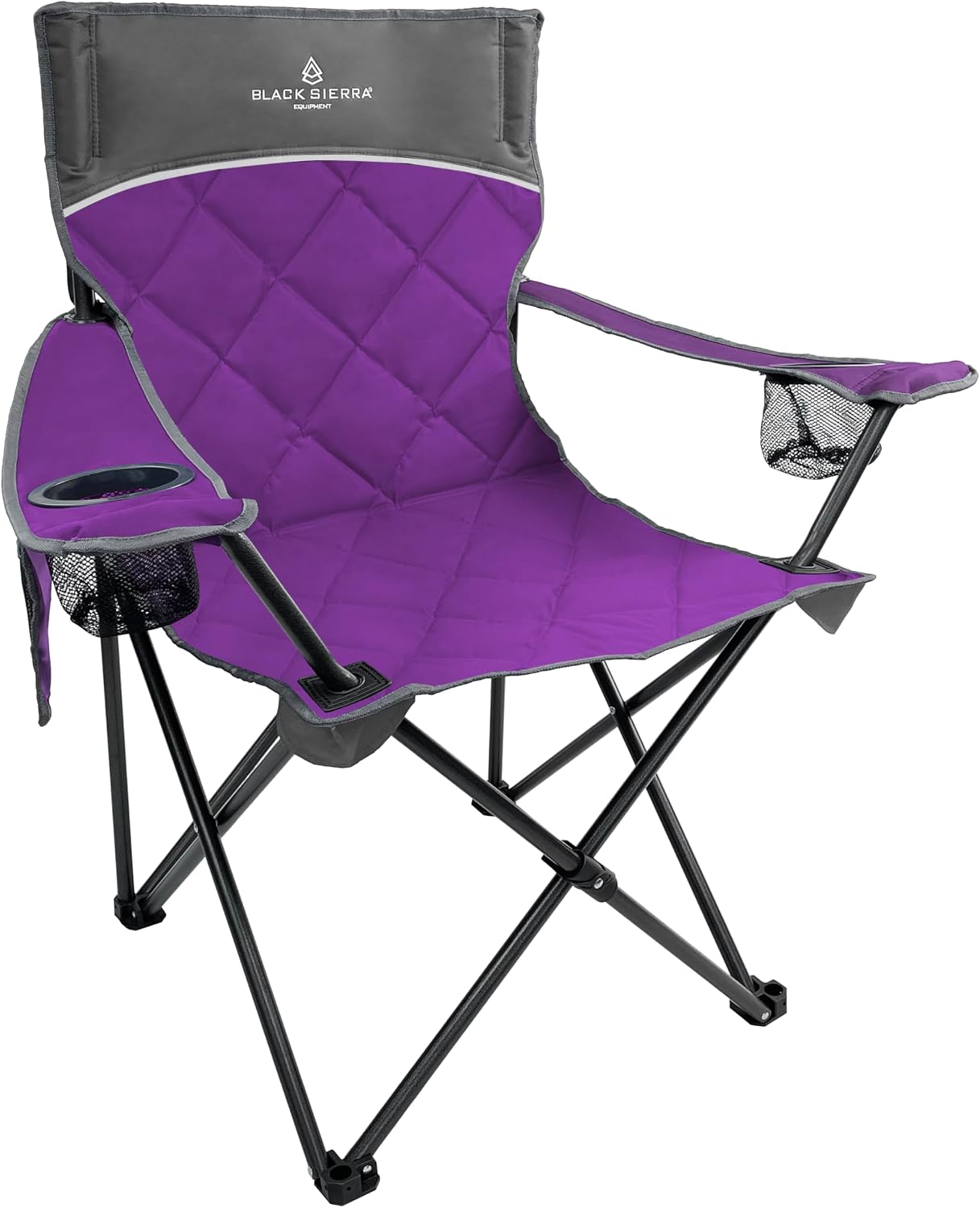 Black Sierra Quilted Padded Camping Chair, Oversized Heavy Duty Outdoor Lounge Seat Supports 300 lbs, Portable, Folding with Cup Holder for Beach, Tailgating, Sports, Patio